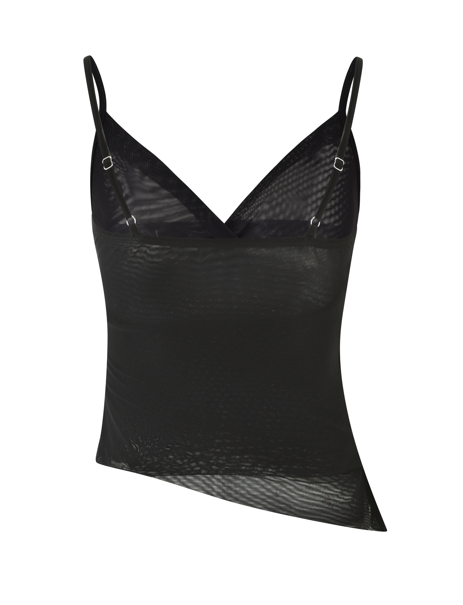 The TIGERMIST ALDEANA TOP - BLACK is a sheer camisole with thin adjustable straps and an asymmetrical hem, inspired by 90s mesh tanks, shown against a white background.