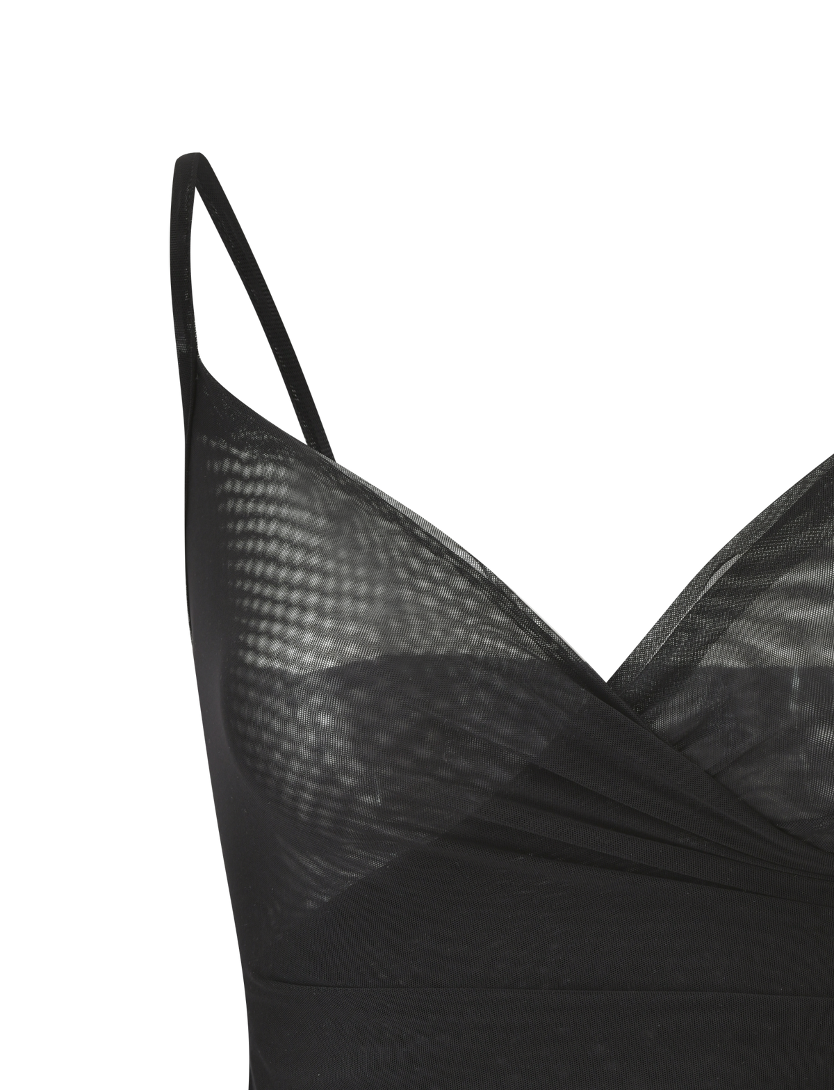 Close-up of the TIGERMIST ALDEANA TOP - BLACK, a singlet camisole with thin straps and a draped, layered front, inspired by 90s mesh tanks, shown against a plain white background.
