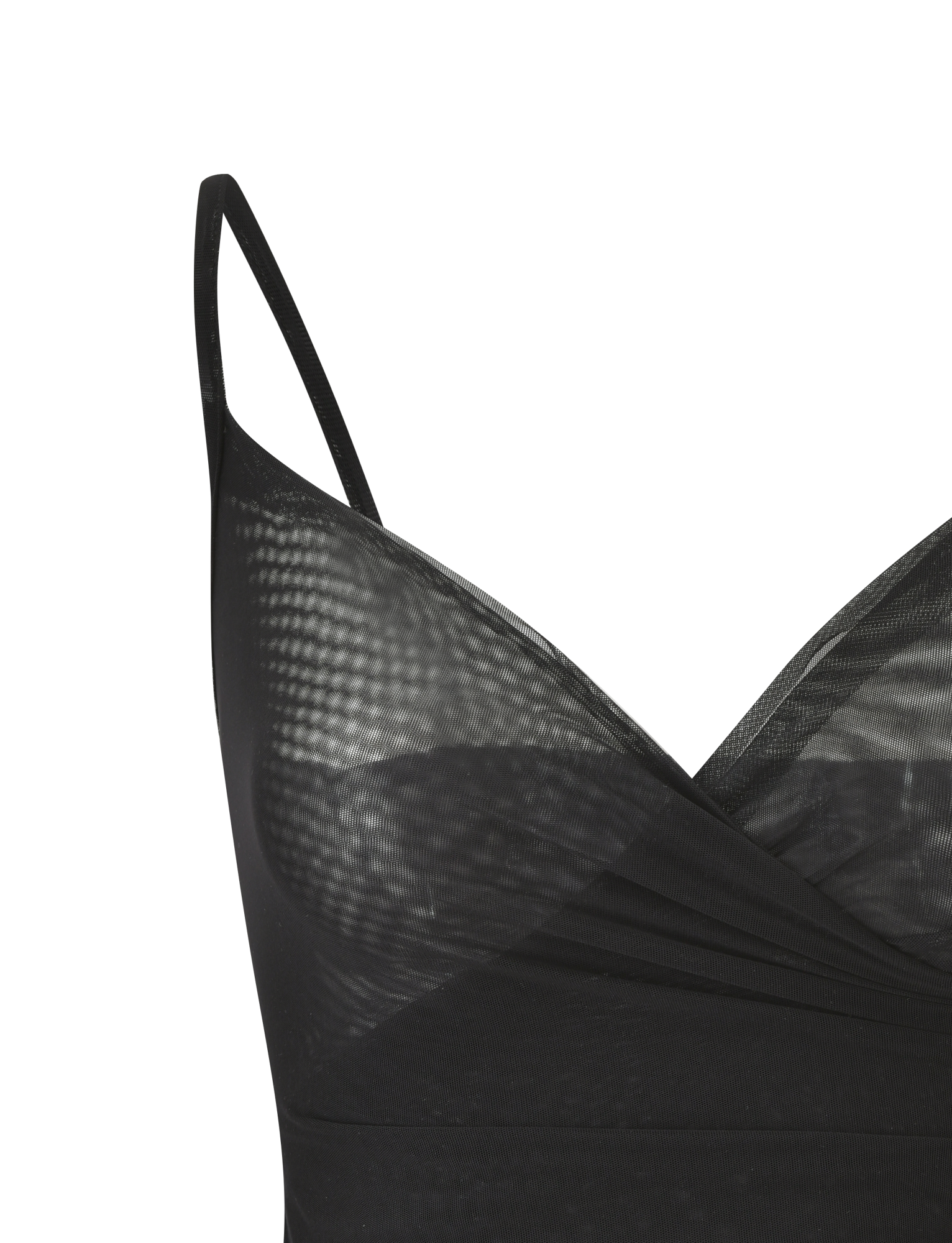 Close-up of the TIGERMIST ALDEANA TOP - BLACK, a singlet camisole with thin straps and a draped, layered front, inspired by 90s mesh tanks, shown against a plain white background.