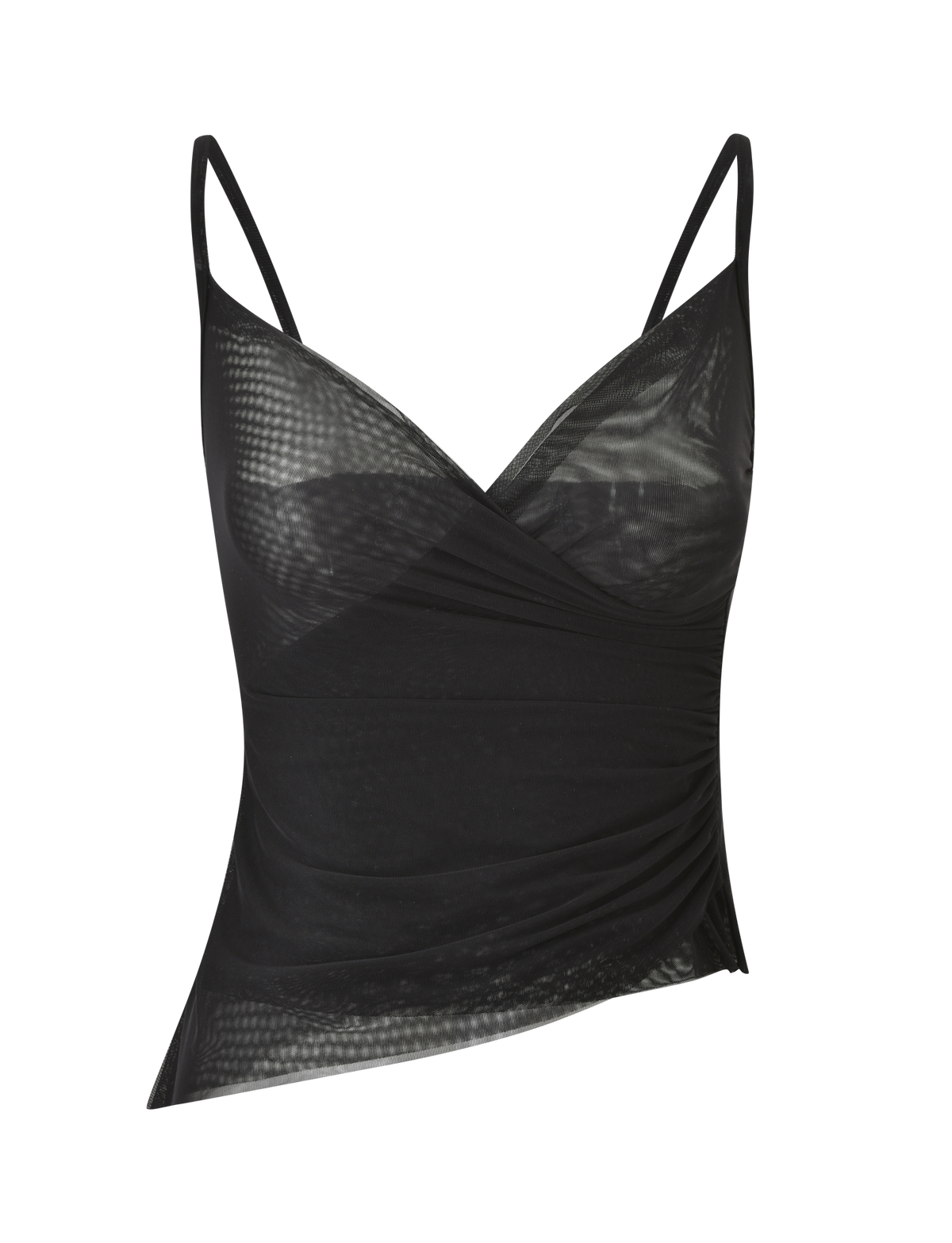The ALDEANA TOP - BLACK by TIGERMIST is a chic black mesh camisole with thin straps, a deep V-neck, asymmetric hem, and side ruching. Inspired by 90s mesh tanks, its sheer fabric adds a modern and elegant touch.