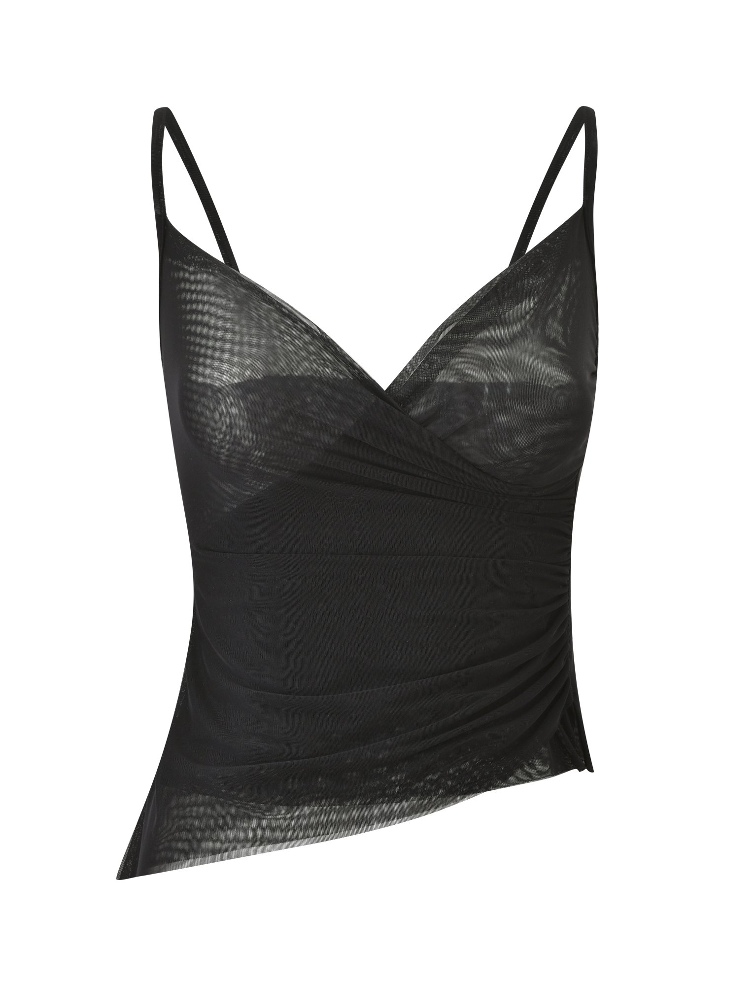 The ALDEANA TOP - BLACK by TIGERMIST is a chic black mesh camisole with thin straps, a deep V-neck, asymmetric hem, and side ruching. Inspired by 90s mesh tanks, its sheer fabric adds a modern and elegant touch.