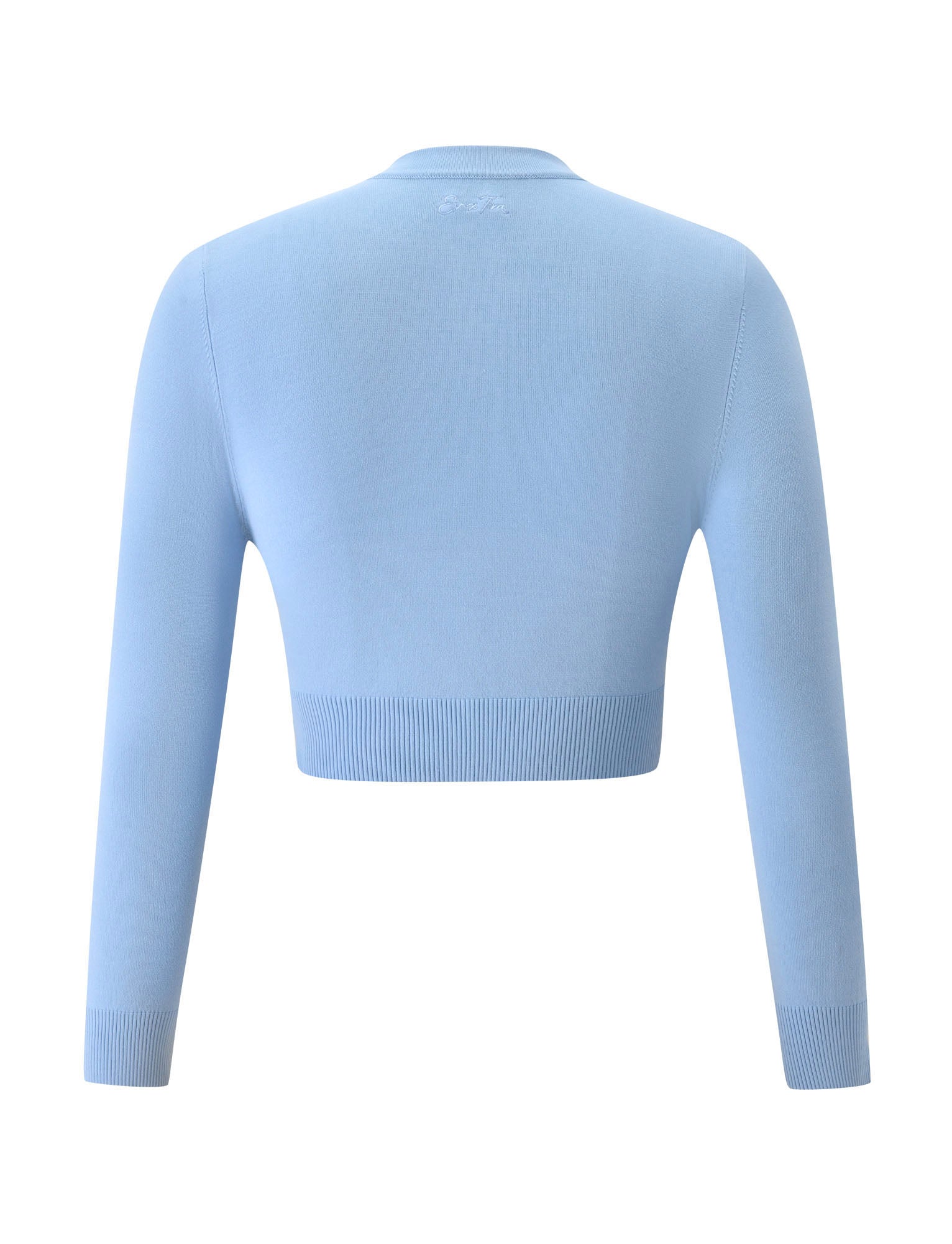 The DAMARIS CARDIGAN - BABY BLUE by TIGERMIST is shown from the back, featuring a light blue hue, long sleeves, and a cropped, fitted design with ribbed cuffs and hem.