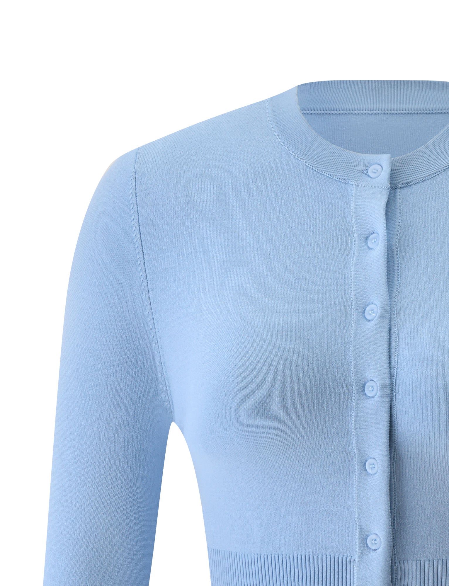 The DAMARIS CARDIGAN in Baby Blue by TIGERMIST is a light blue, long-sleeve, semi-sheer cardigan shown from the shoulders to the waist, featuring ribbed detailing at the hem and cuffs with no visible patterns or logos.
