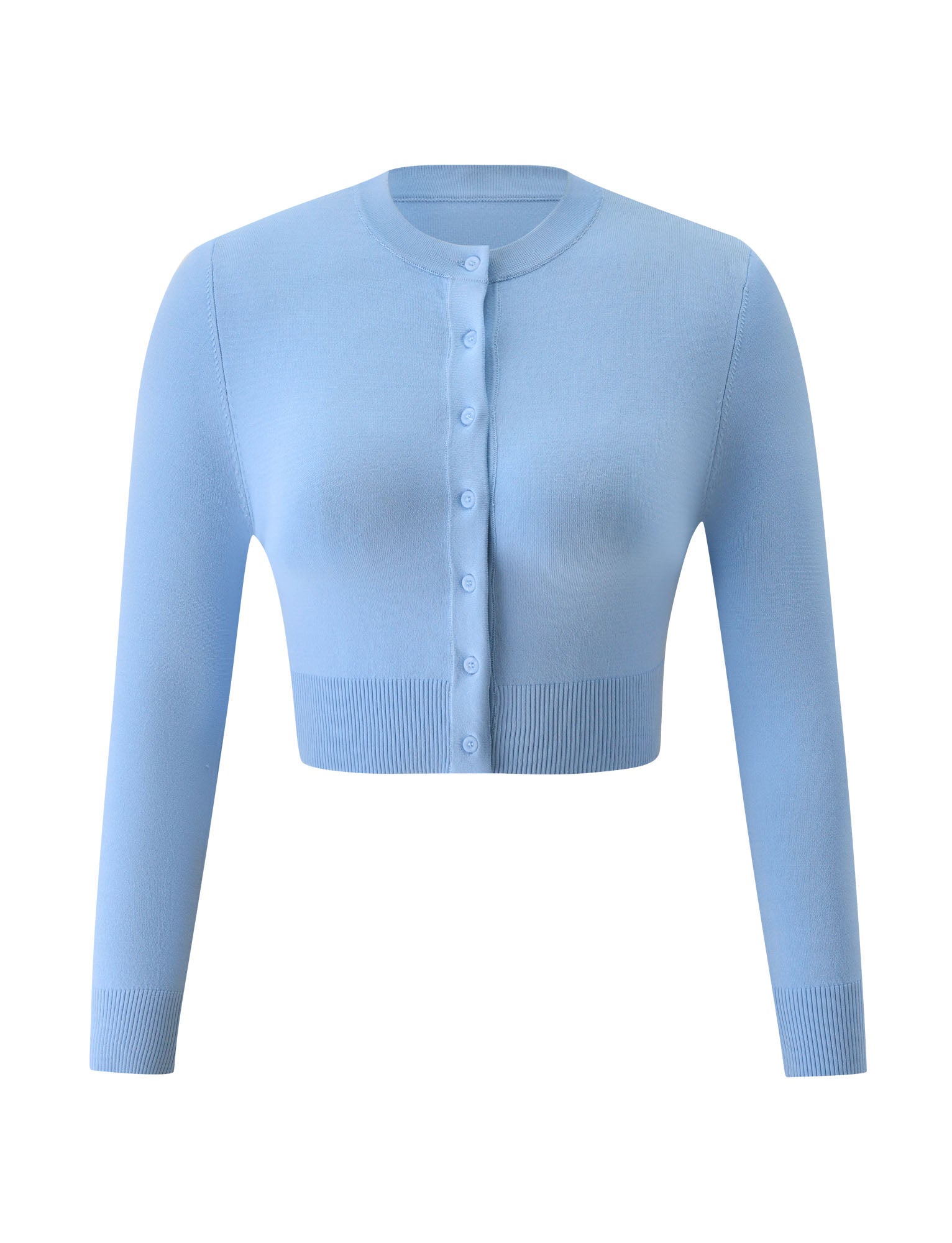 The DAMARIS CARDIGAN - BABY BLUE by TIGERMIST is a cropped, light blue knit cardigan featuring long sleeves, a round neckline, and a front button closure for a flattering silhouette, displayed on a white background.