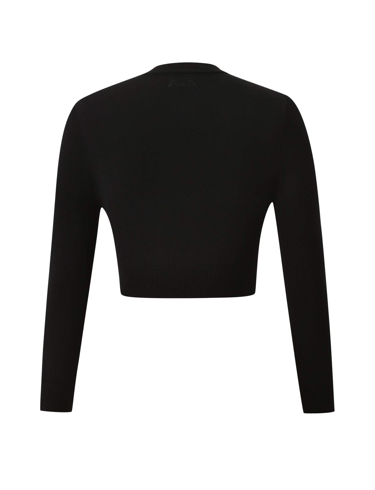 The DAMARIS CARDIGAN in black by TIGERMIST is showcased from the back, highlighting its crew neckline, fitted silhouette, and long sleeves with a cropped design.