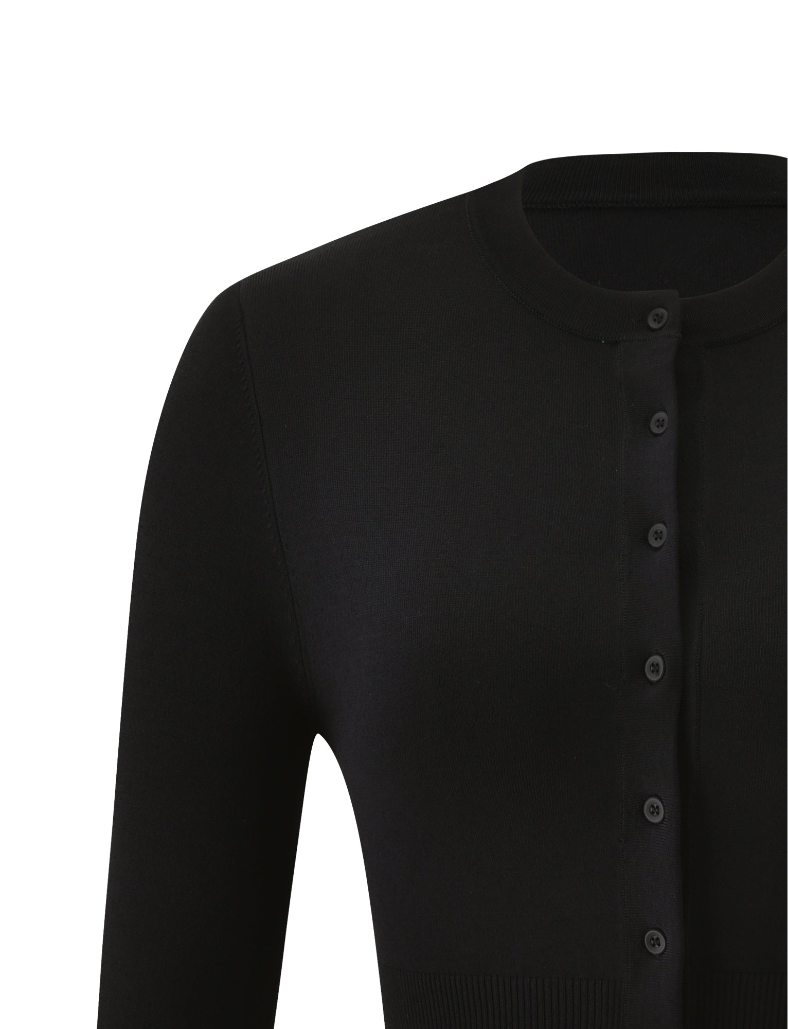 Close-up of the DAMARIS CARDIGAN - BLACK by TIGERMIST, a black knit cardigan with long sleeves, a button-up front, and a round neckline, showing the upper chest, shoulder, and partial sleeve.