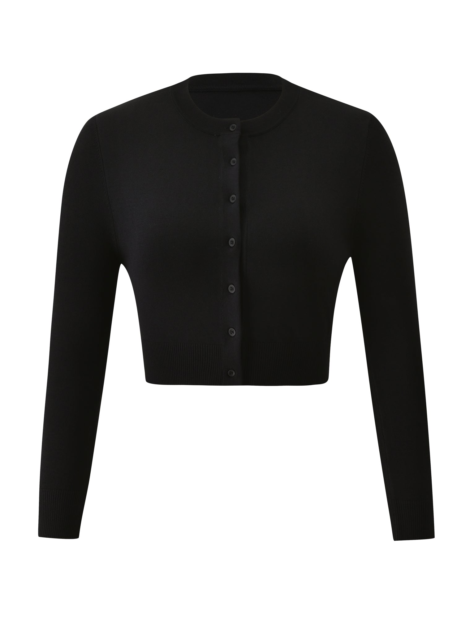 The DAMARIS CARDIGAN - BLACK by TIGERMIST is showcased here in a cropped silhouette, featuring long sleeves, a round neckline, and front button closure, set against a plain white background.