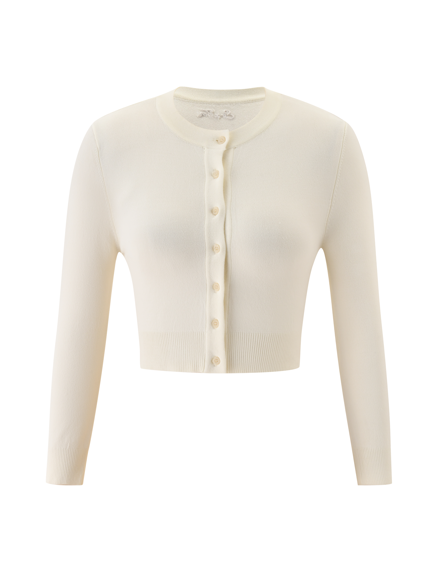 The DAMARIS CARDIGAN - CREAM by TIGERMIST is a cream knit, long-sleeve, cropped cardigan with a round neck and front button closure, shown on a plain white background.