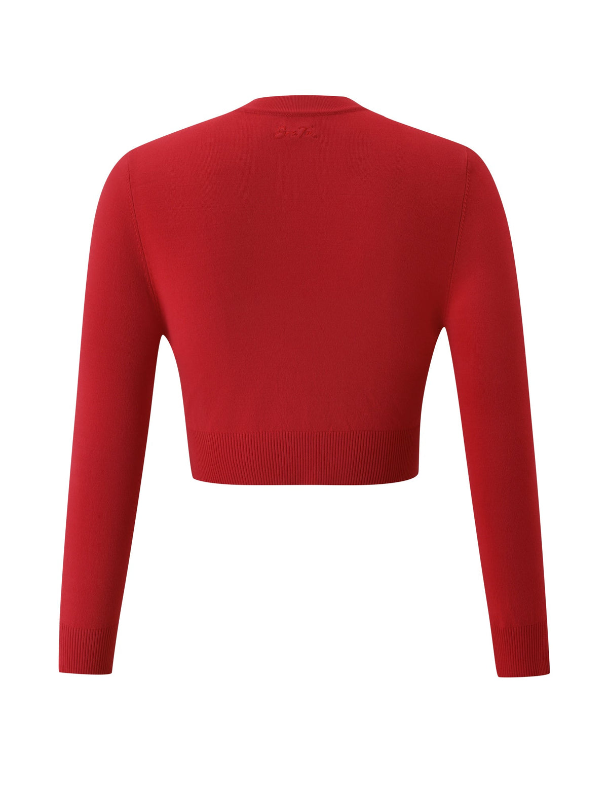 The DAMARIS CARDIGAN - RED by TIGERMIST is a vibrant red, long-sleeve cropped cardigan showcased from the back, featuring a fitted design with ribbed cuffs and waistband.