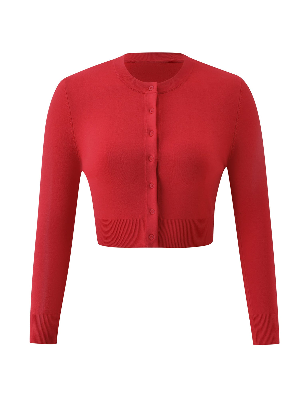 The DAMARIS CARDIGAN - RED by TIGERMIST is displayed on a plain white background, showcasing its button-up knit design with long sleeves, a round neckline, and a cropped silhouette—making it the perfect summer cardigan for layering.