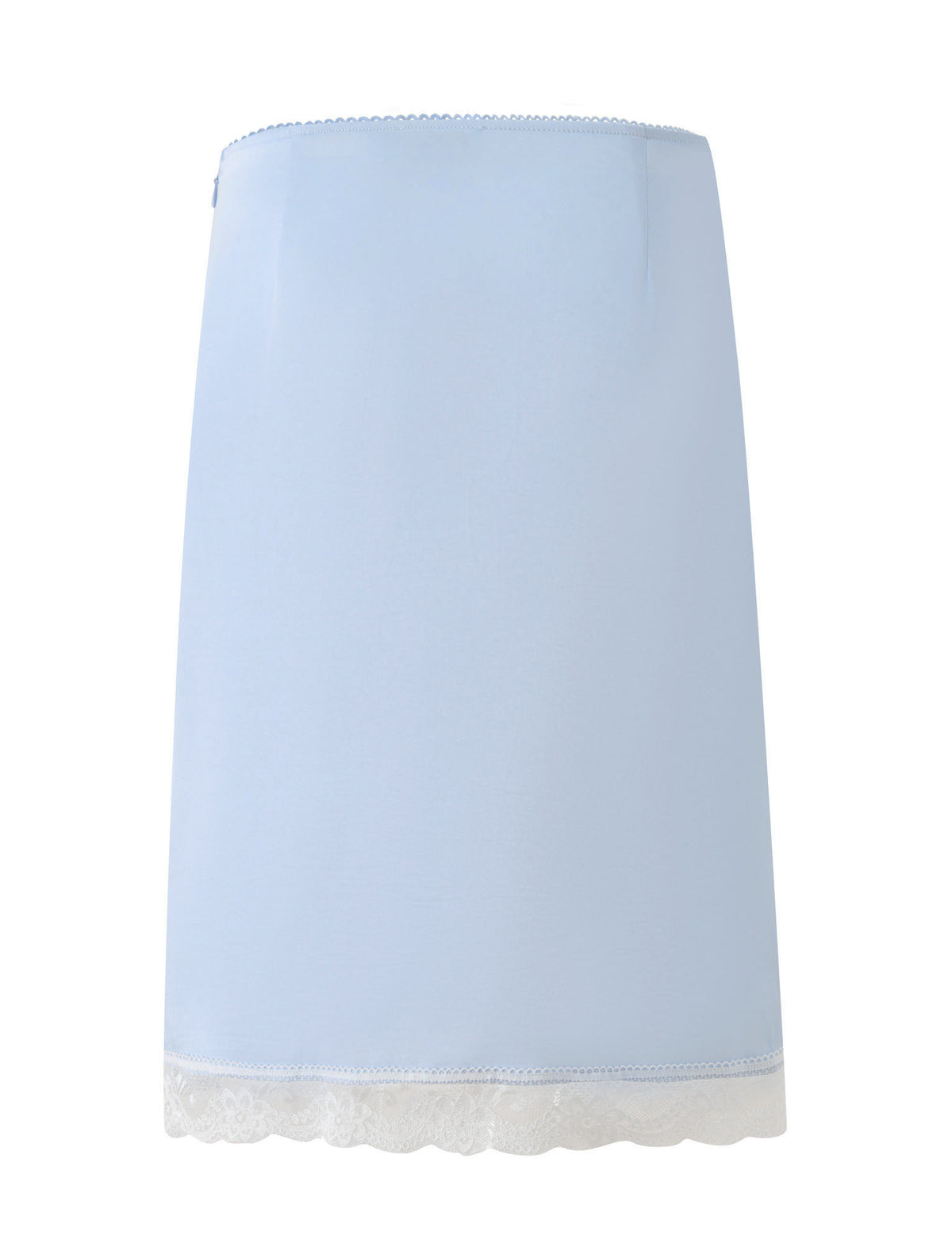 The LEISEL SKIRT - BABY BLUE by TIGERMIST is a light blue, straight-cut midi skirt featuring delicate white lace trim along the hem, shown against a plain white background.