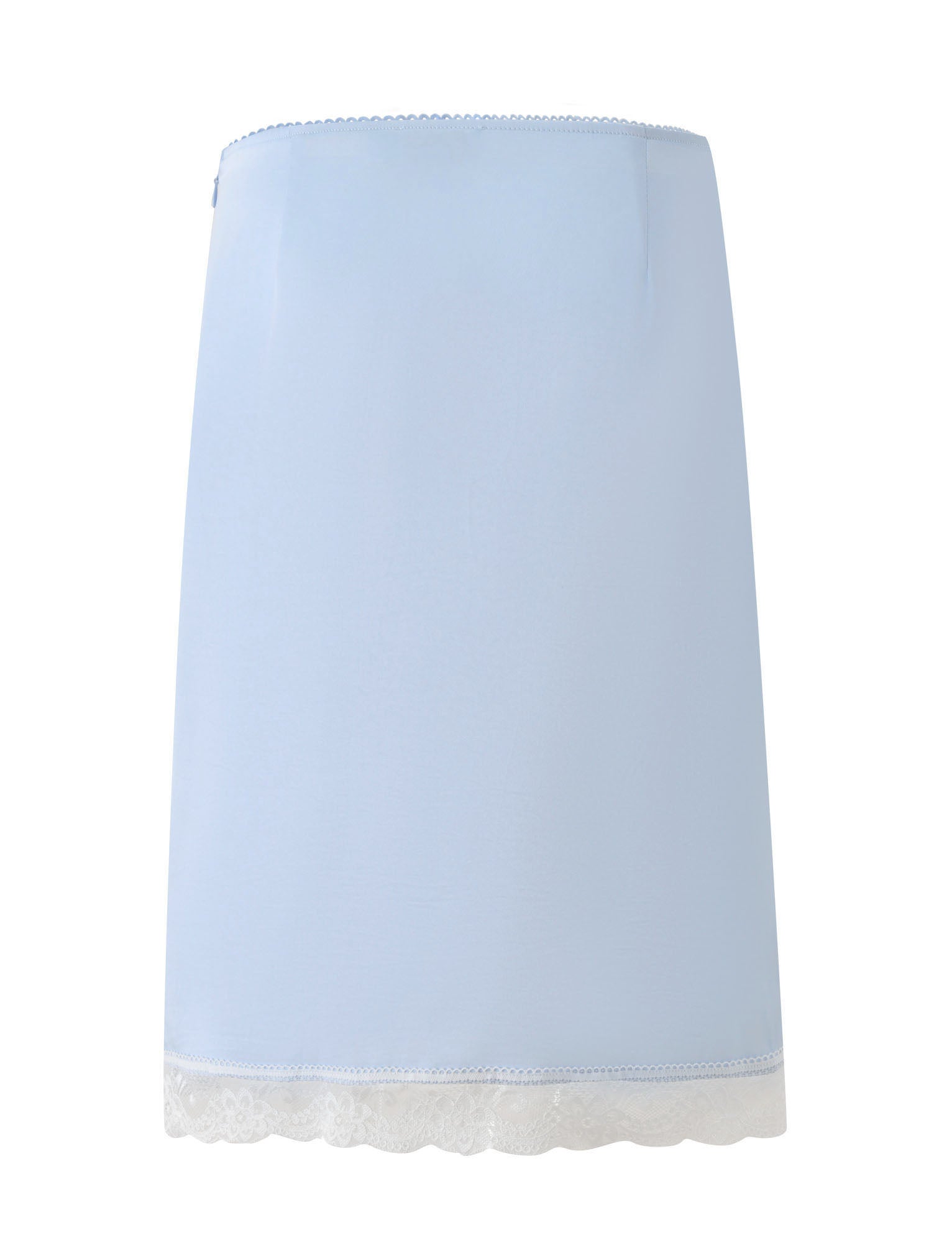 The LEISEL SKIRT - BABY BLUE by TIGERMIST is a light blue, straight-cut midi skirt featuring delicate white lace trim along the hem, shown against a plain white background.