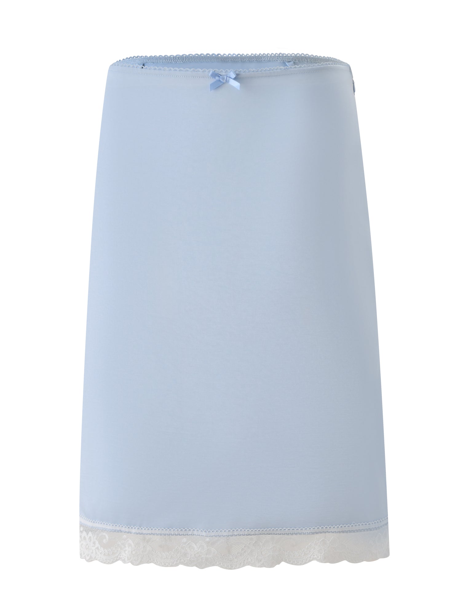 CL - LEISEL SKIRT by Tiger Mist USA in light blue, featuring a small bow at the waistband, lace trim at the hem, and a smooth, minimalist design, displayed on a white background.