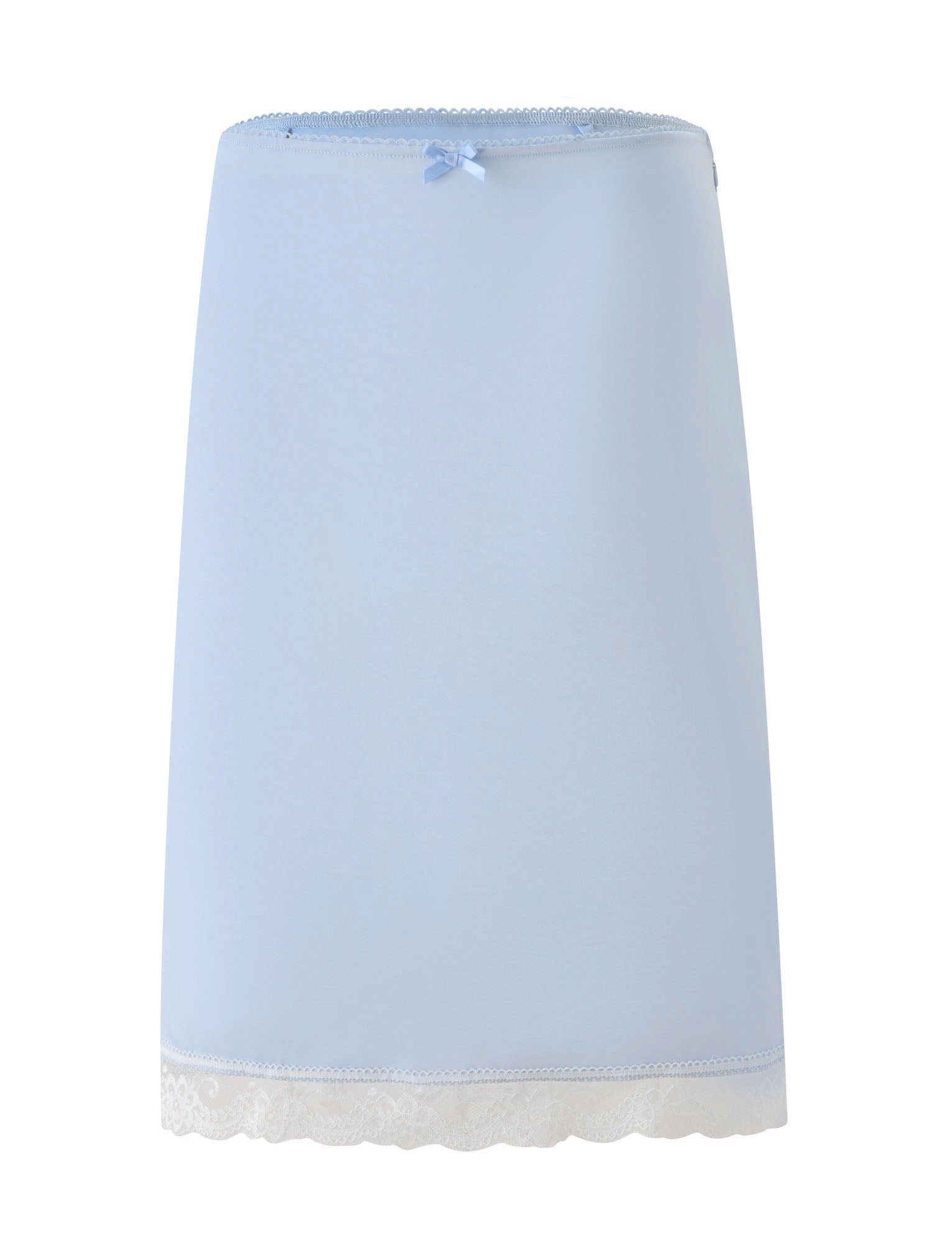 The LEISEL SKIRT - BABY BLUE by TIGERMIST is showcased against a white background, featuring a light blue hue with a small bow at the waistband and delicate white lace trim at the hem, reminiscent of a classic lace trim skirt.