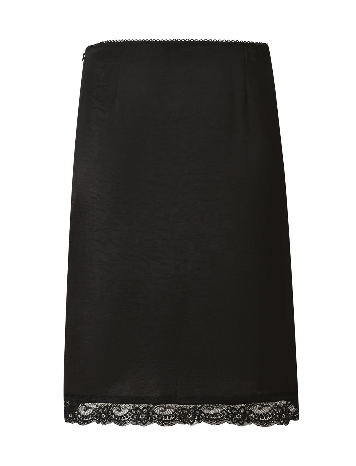 The LEISEL SKIRT - BLACK by TIGERMIST is a black midi skirt crafted from luxurious satin, featuring a delicate lace trim at the hem and displayed against a white background.