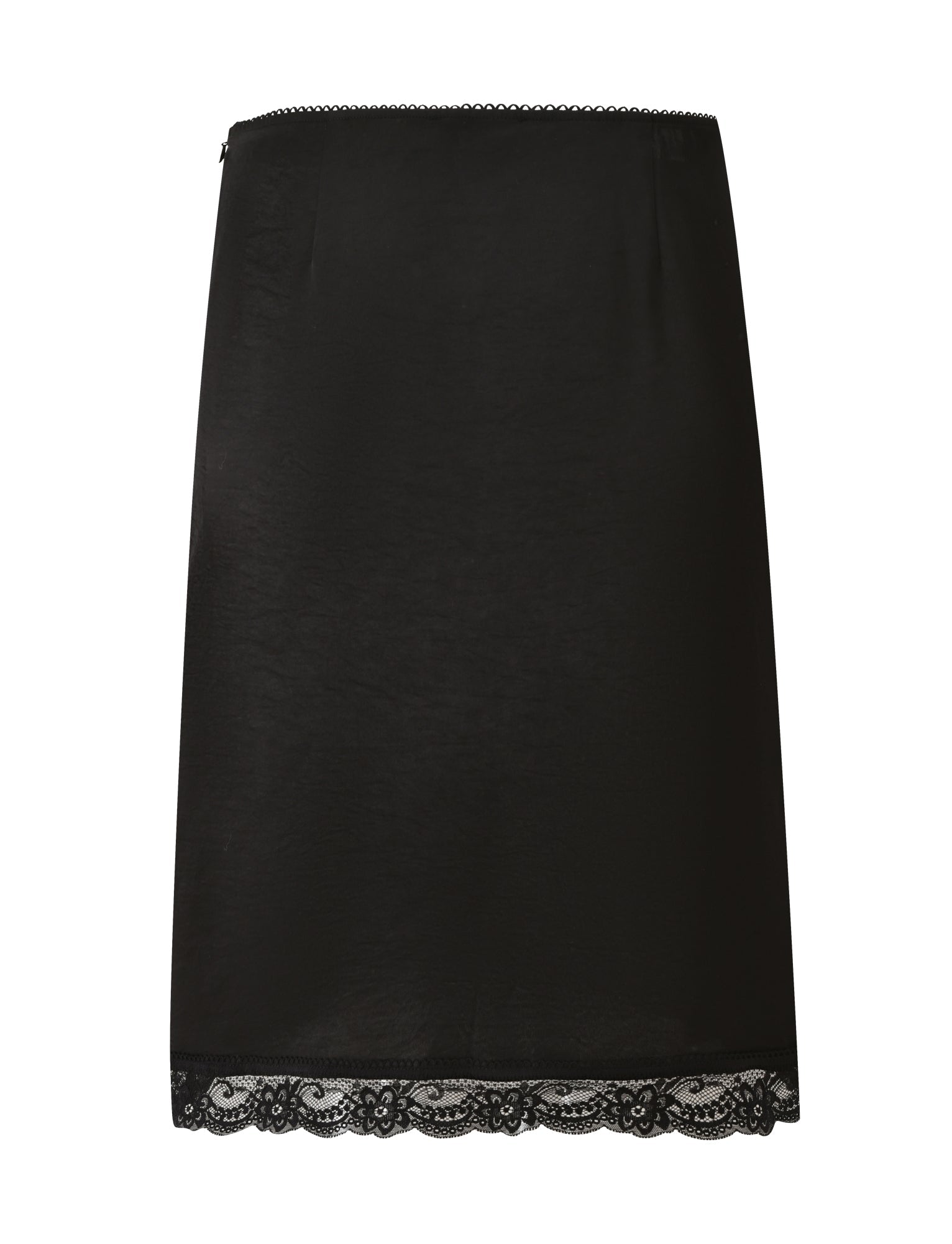 The LEISEL SKIRT - BLACK by TIGERMIST is a black midi skirt crafted from luxurious satin, featuring a delicate lace trim at the hem and displayed against a white background.
