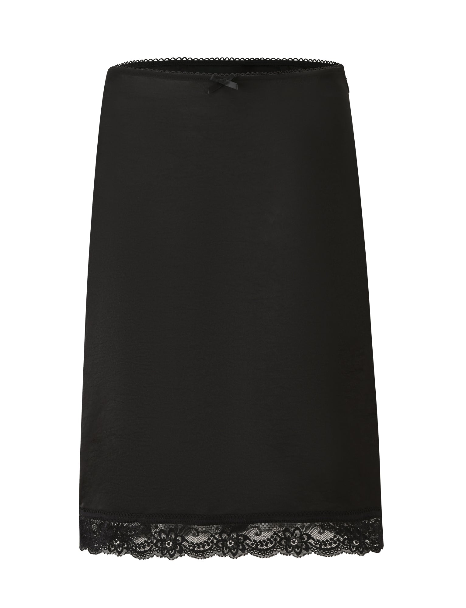 The CL - LEISEL SKIRT by Tiger Mist USA is a black satin half slip featuring a small bow at the waistband and lace trim along the bottom hem, shown on a white background.