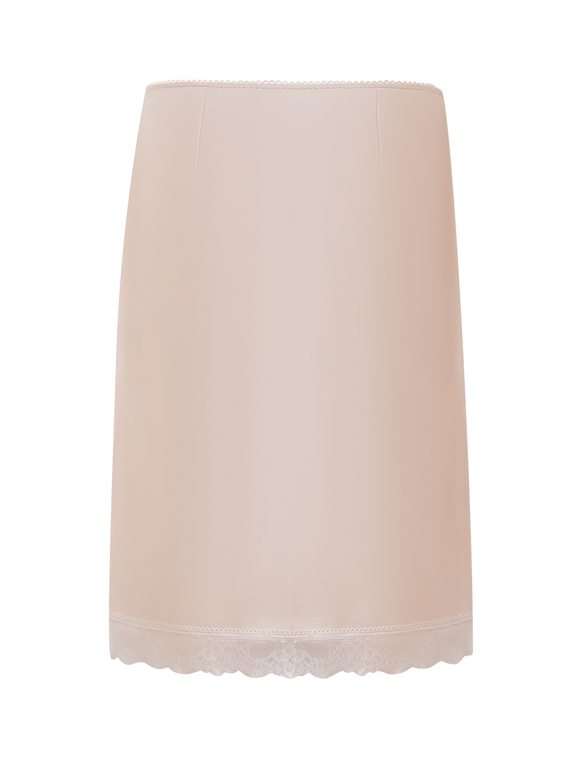 The LEISEL SKIRT - CREAM by TIGERMIST features a straight cut, subtle seam details at the top, and a delicate lace trim at the hem, showcased against a white background.