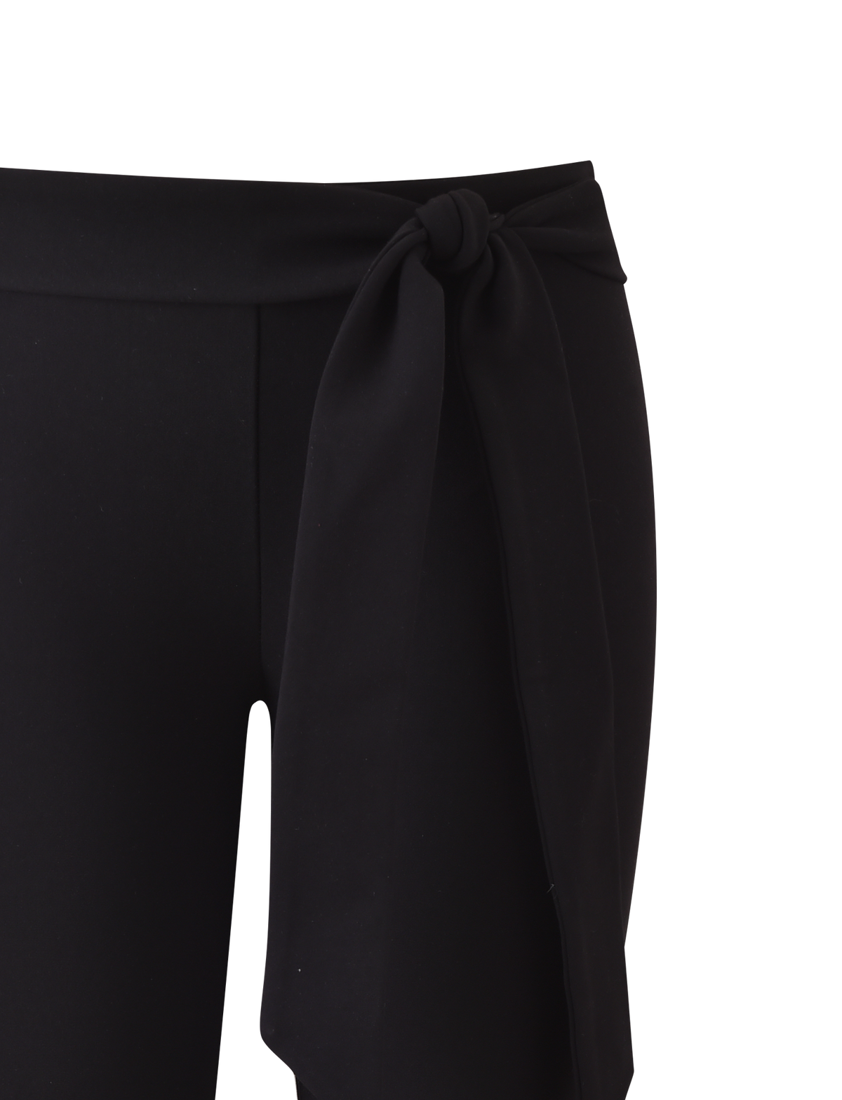 Close-up of TIGERMIST PILAR CAPRI - BLACK featuring a wide, removable waist tie styled in a large bow on the left side, set against a white background.