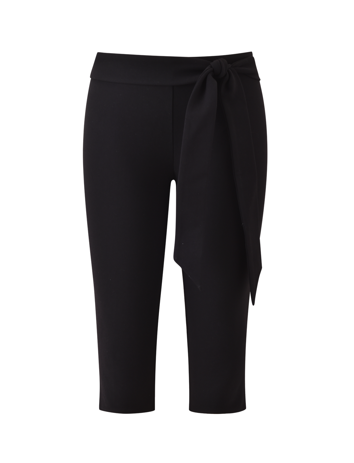 The TIGERMIST PILAR CAPRI - BLACK is a black ponte capri pant with a mid rise waist and a wide, removable tie knotted on the left, shown against a plain white backdrop.