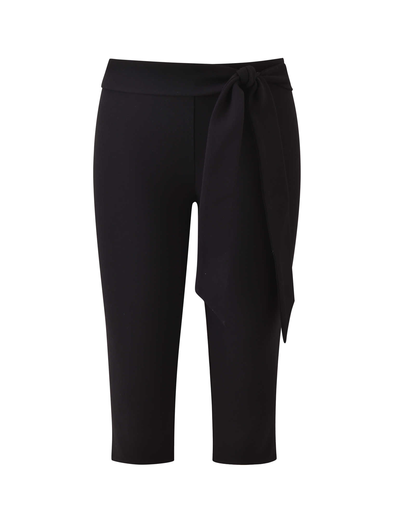 The TIGERMIST PILAR CAPRI - BLACK is a black ponte capri pant with a mid rise waist and a wide, removable tie knotted on the left, shown against a plain white backdrop.