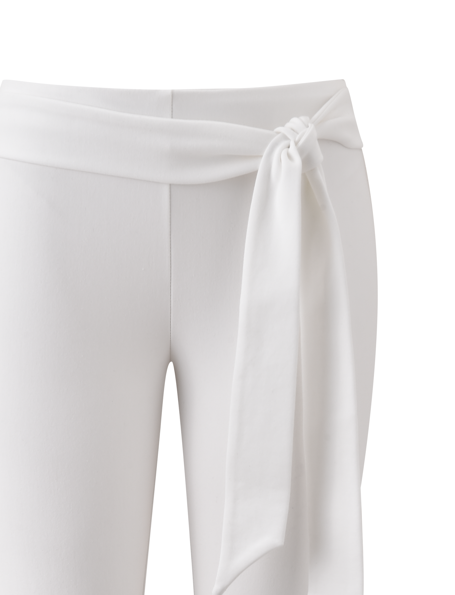 Close-up of the TIGERMIST PILAR CAPRI in white, featuring a removable waist tie knotted at the mid-rise waist, displayed against a plain white background.