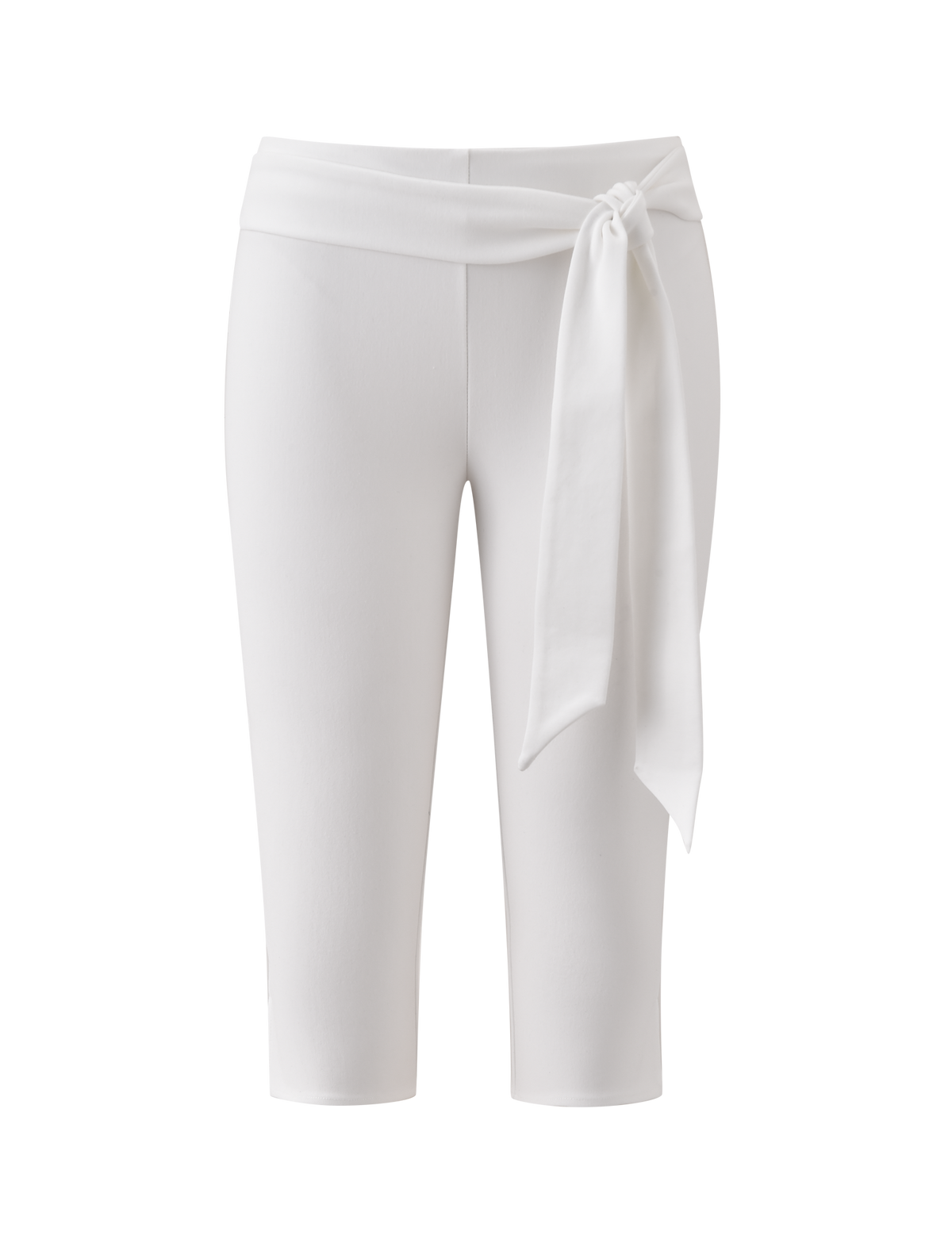 The TIGERMIST PILAR CAPRI - WHITE is a white ponte capri pant with a mid-rise waist and a removable side-knotted tie, shown on a plain white background.