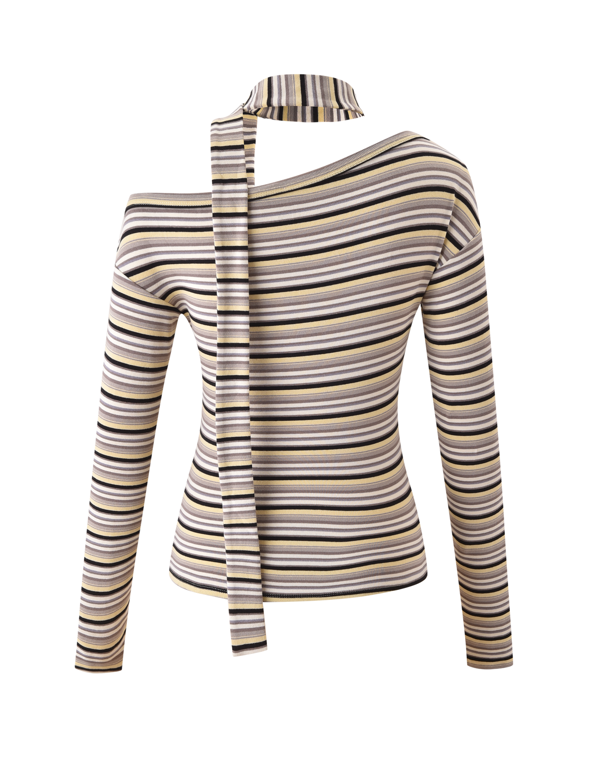 The TIGERMIST KIERSTEN SCARF TOP - MULTISTRIPE is a long sleeve, off-shoulder top with yellow, brown, beige, black, and white stripes and a matching attached scarf draped around the neck.