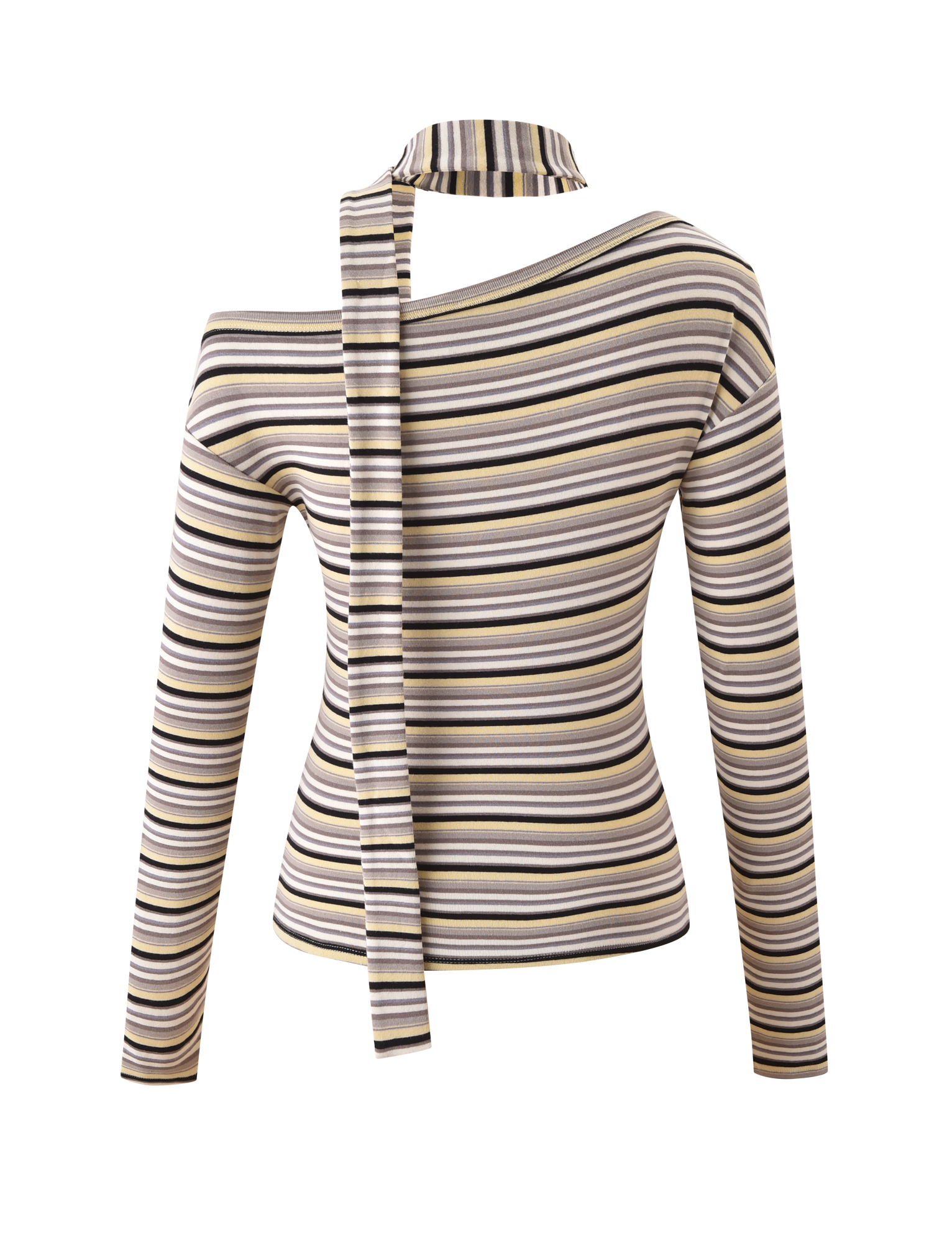 The TIGERMIST KIERSTEN SCARF TOP - MULTISTRIPE is a long sleeve, off-shoulder top with yellow, brown, beige, black, and white stripes and a matching attached scarf draped around the neck.