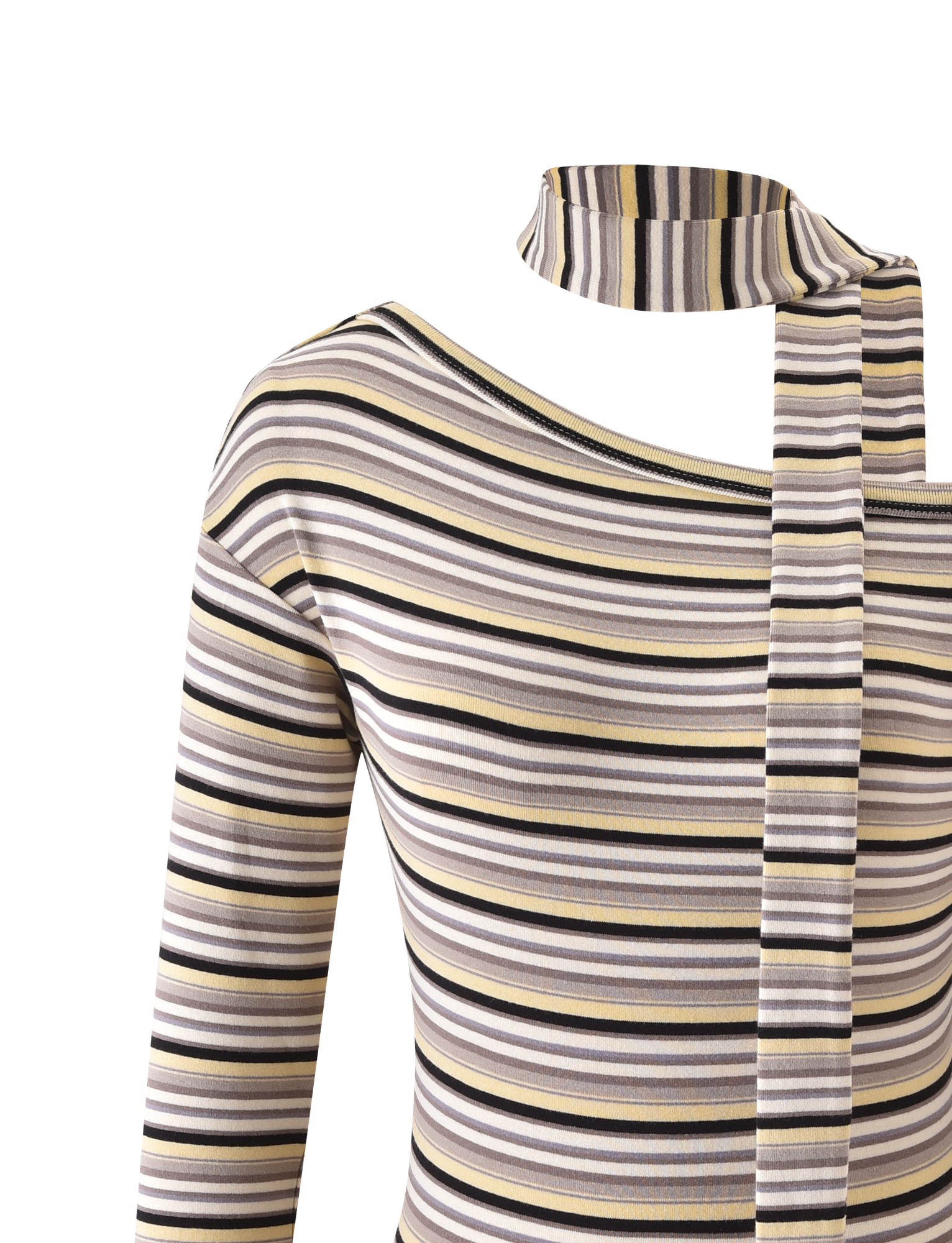 Close-up of the TIGERMIST KIERSTEN SCARF TOP - MULTISTRIPE, featuring yellow and brown stripes with an asymmetrical off-shoulder neckline and a matching striped scarf draped over the right shoulder.