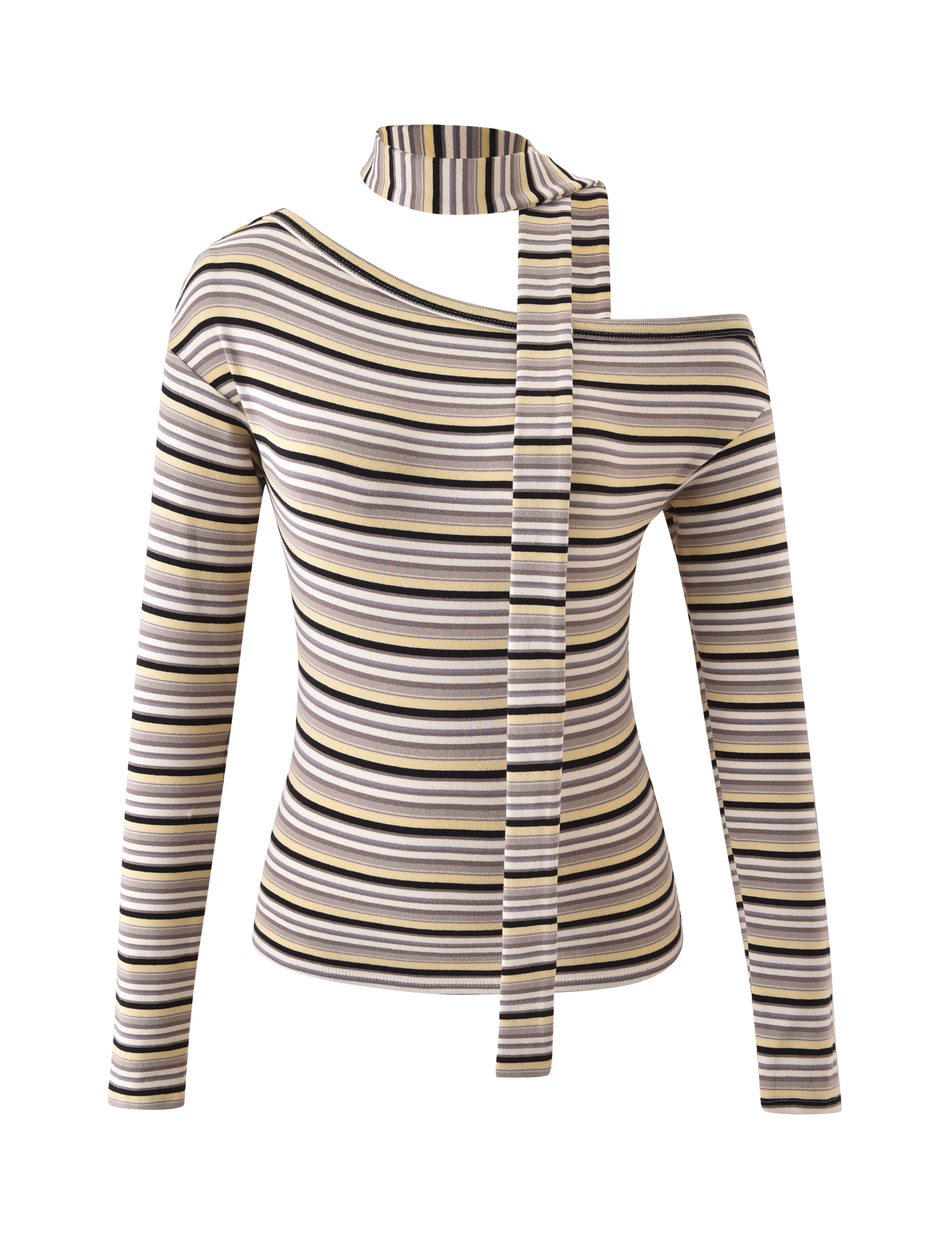 The TIGERMIST KIERSTEN SCARF TOP - MULTISTRIPE is a long-sleeve, yellow and brown striped top featuring an off-shoulder neckline and an attached matching scarf for a chic look.
