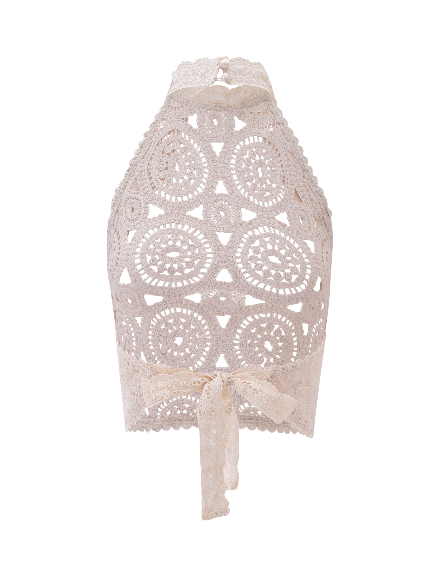 The SYNTHIA CROCHET TOP - CREAM by TIGERMIST features intricate circular crochet patterns, scalloped edges, lace trim, and a waist tie-back—ideal as a chic beach cover-up.