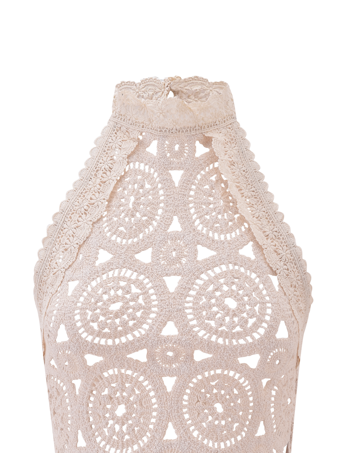 The SYNTHIA CROCHET TOP in cream by TIGERMIST features circular and triangular patterns with lace trim along the neckline and shoulders—an ideal, stylish beach cover-up.