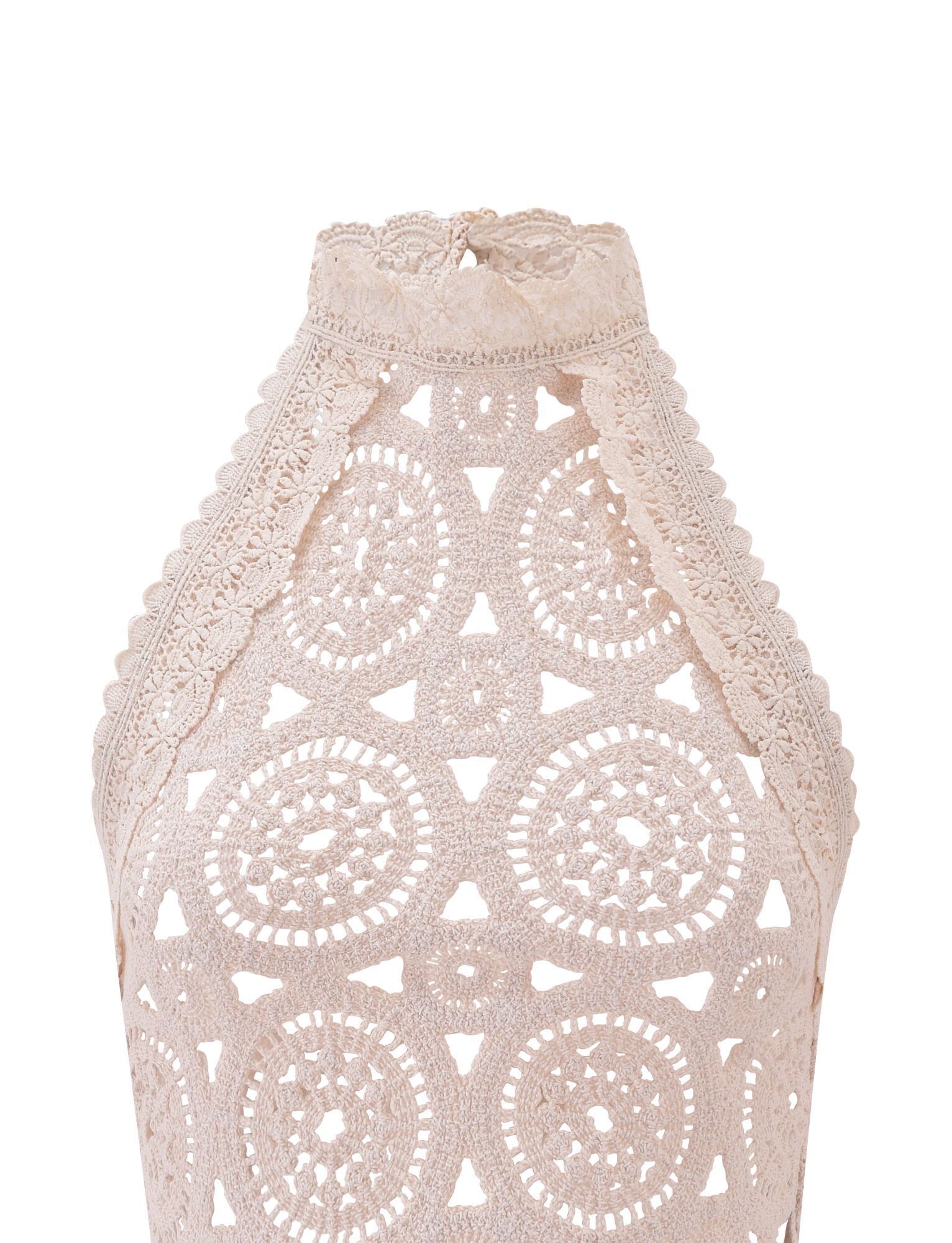 The SYNTHIA CROCHET TOP in cream by TIGERMIST features circular and triangular patterns with lace trim along the neckline and shoulders—an ideal, stylish beach cover-up.