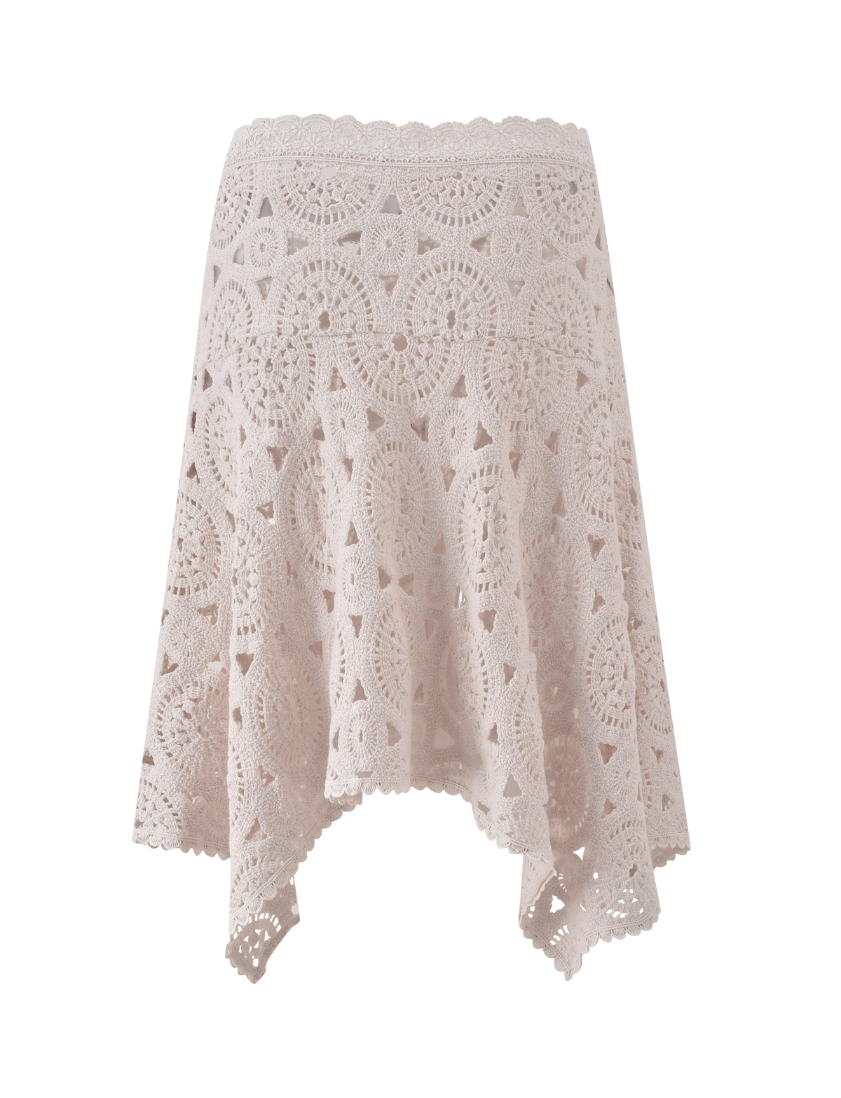The SYNTHIA CROCHET MIDI SKIRT by TIGERMIST is a cream midi skirt with intricate circular crochet patterns, delicate lace trim, a scalloped hem, and a flared handkerchief silhouette.