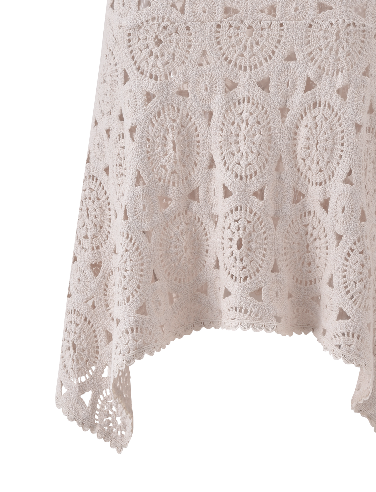 The SYNTHIA CROCHET MIDI SKIRT in cream by TIGERMIST features intricate circular and diamond lace patterns with scalloped hem, as seen in the photo showcasing its delicate lace trim on the garment's lower portion.