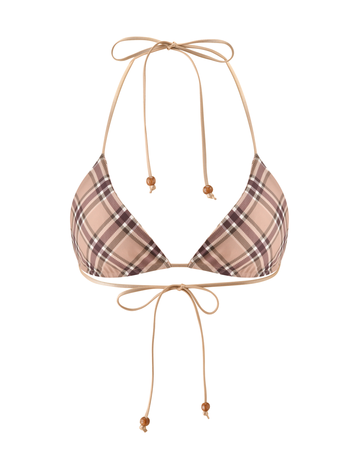 The AVE REVERSIBLE BIKINI TOP by TIGERMIST features a tan and pink plaid pattern with adjustable neck and back ties, finished with small wooden bead accents. This bikini top is shown on a white background.