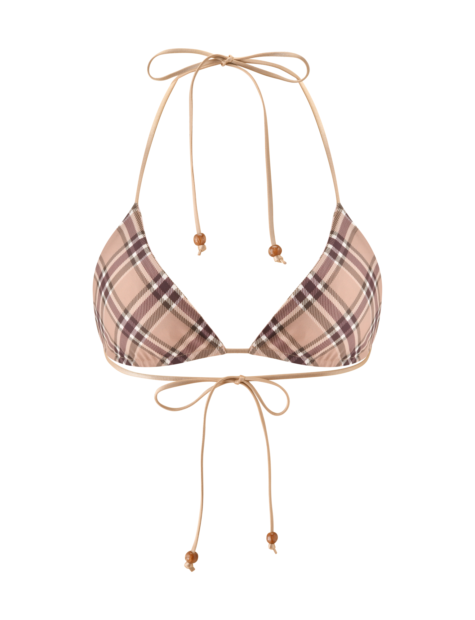 The AVE REVERSIBLE BIKINI TOP by TIGERMIST features a tan and pink plaid pattern with adjustable neck and back ties, finished with small wooden bead accents. This bikini top is shown on a white background.