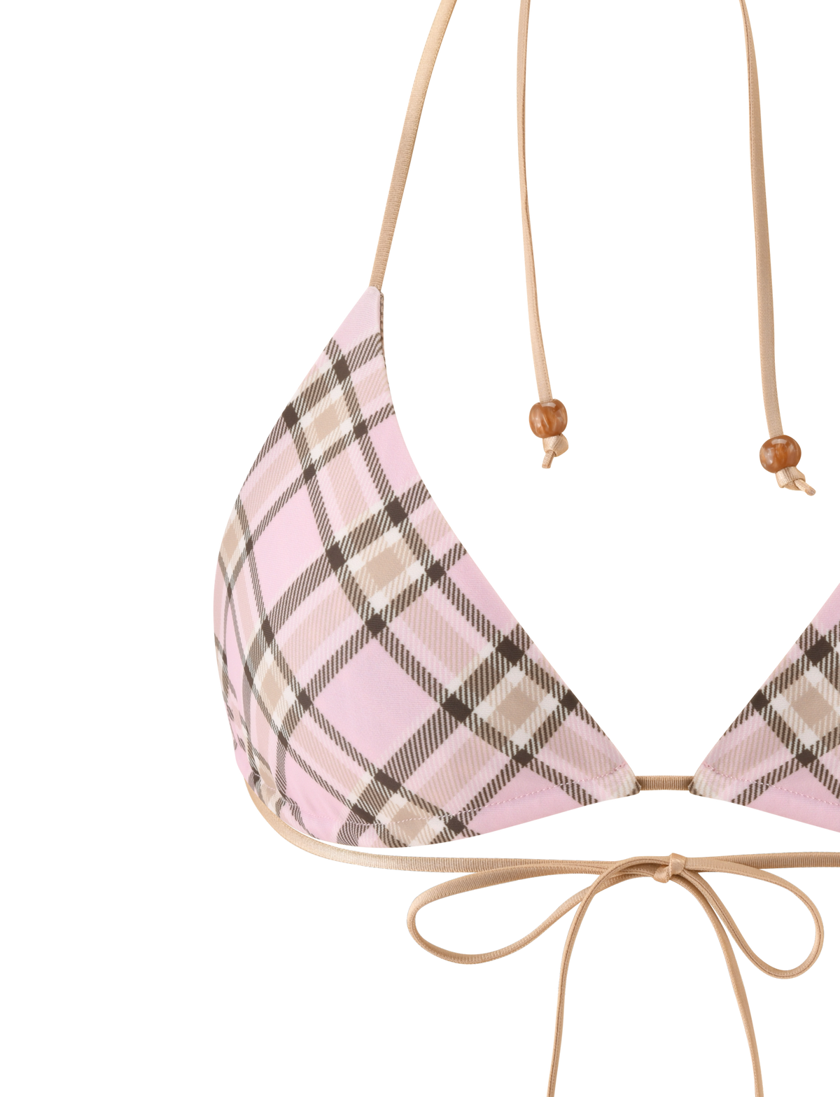 A close-up of the TIGERMIST AVE REVERSIBLE BIKINI TOP in tan and pink plaid, featuring triangle cups, tan straps with wooden bead details, and a front bow.