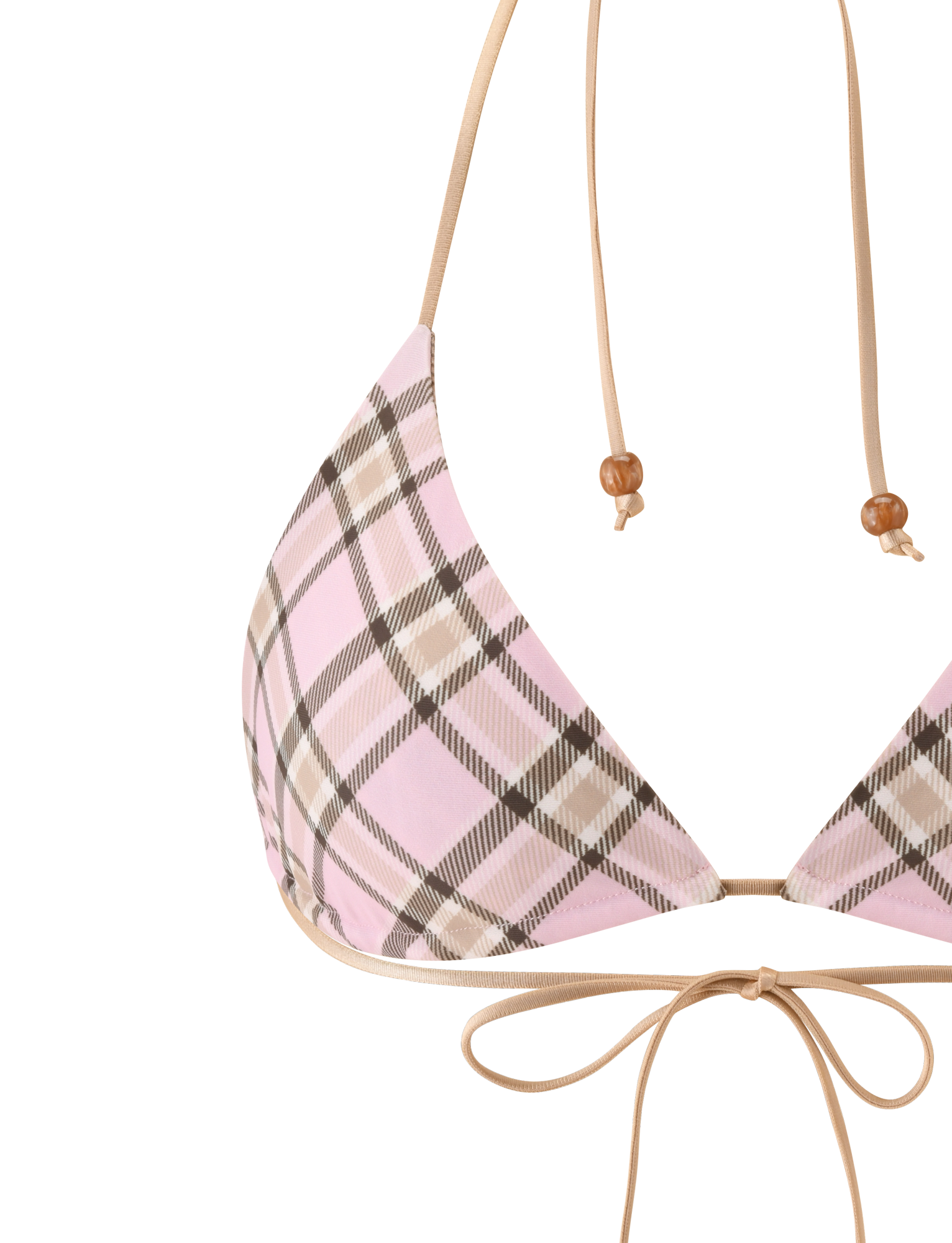 A close-up of the TIGERMIST AVE REVERSIBLE BIKINI TOP in tan and pink plaid, featuring triangle cups, tan straps with wooden bead details, and a front bow.