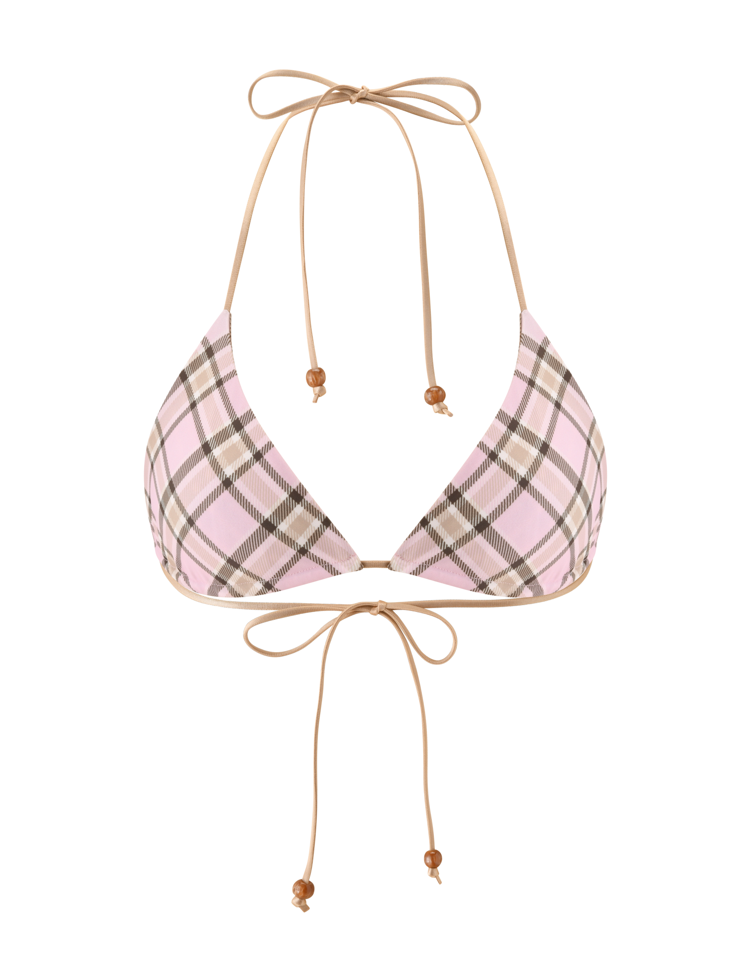 The AVE REVERSIBLE BIKINI TOP by TIGERMIST features a stylish tan and pink plaid design, beige tie straps with wooden bead accents—your must-have for chic days by the water.