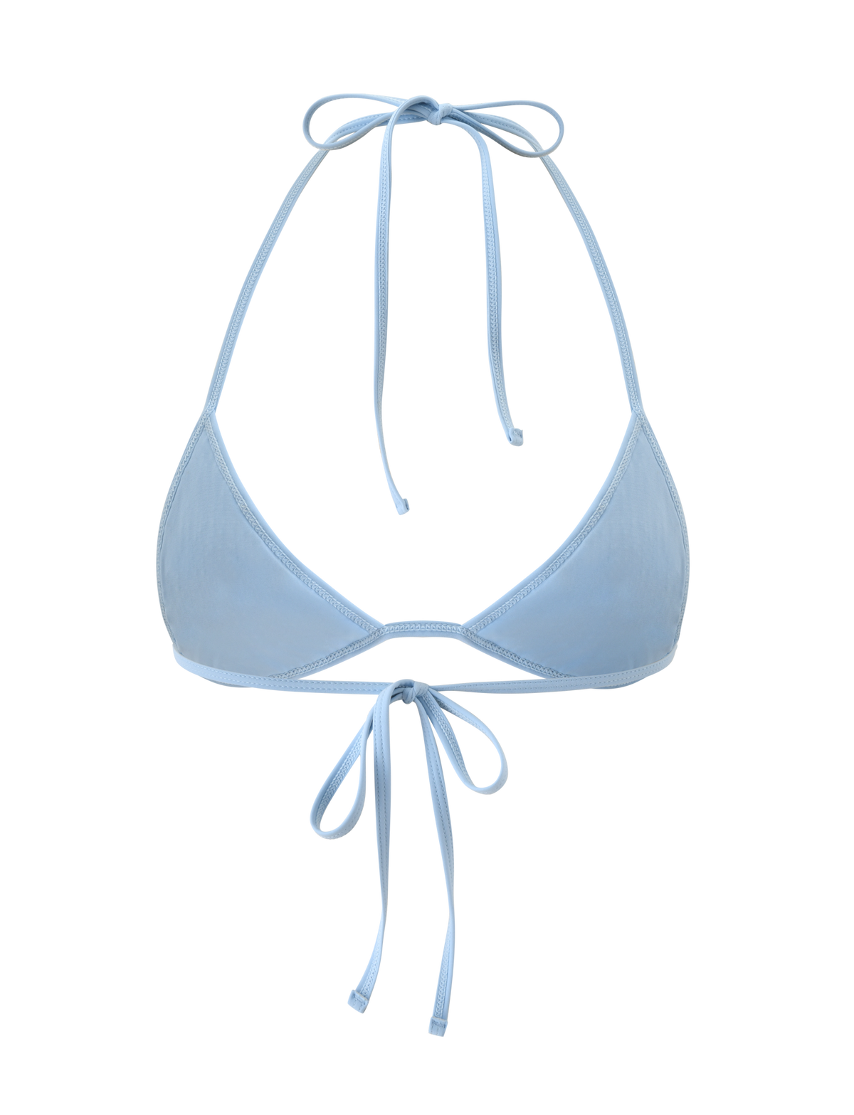 The SOLAS SEQUIN BIKINI TOP - SKY BLUE by TIGERMIST features thin straps that tie at the neck and back, offering subtle shimmer—perfect for beach club swimwear. Shown against a white background.
