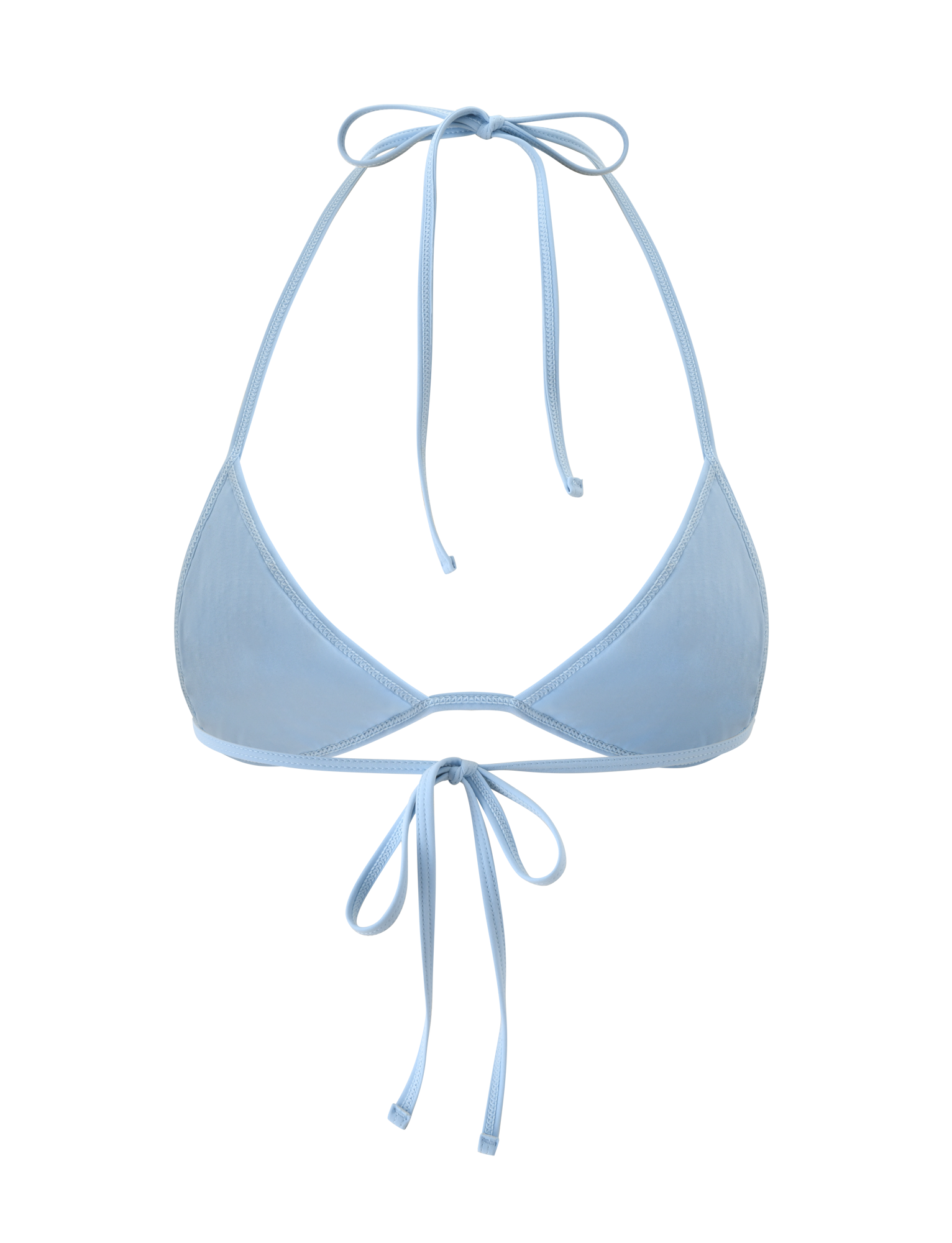 The SOLAS SEQUIN BIKINI TOP - SKY BLUE by TIGERMIST features thin straps that tie at the neck and back, offering subtle shimmer—perfect for beach club swimwear. Shown against a white background.