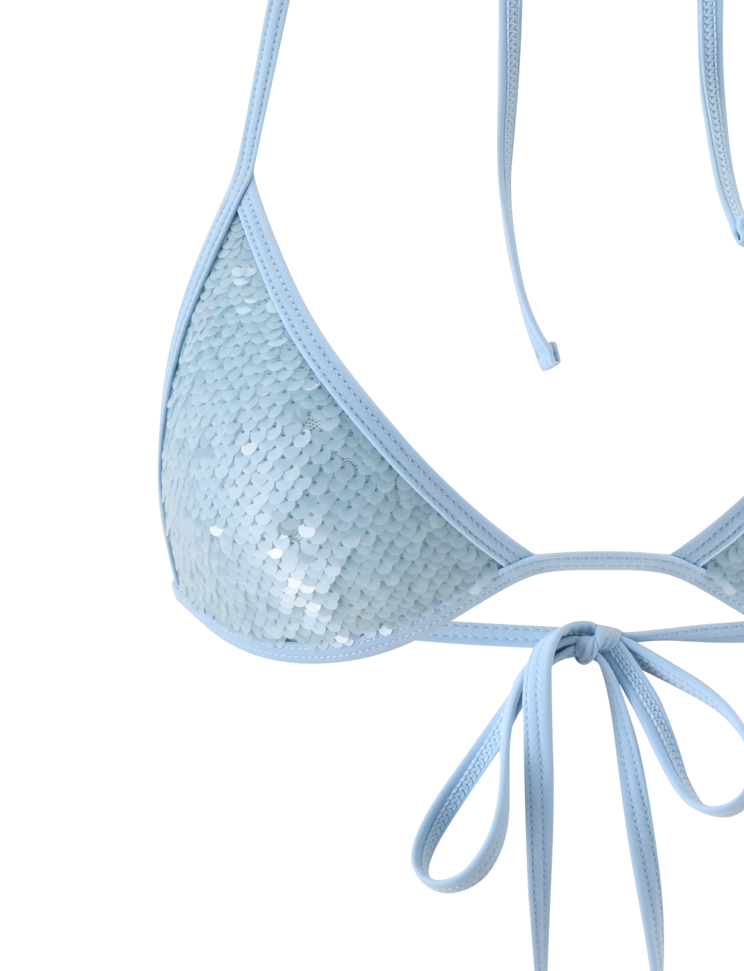 Close-up of the SOLAS SEQUIN BIKINI TOP - SKY BLUE by TIGERMIST, featuring shiny sequins, thin straps tied in a bow at the front, and a halter neck—ideal beach club swimwear against a plain white backdrop.
