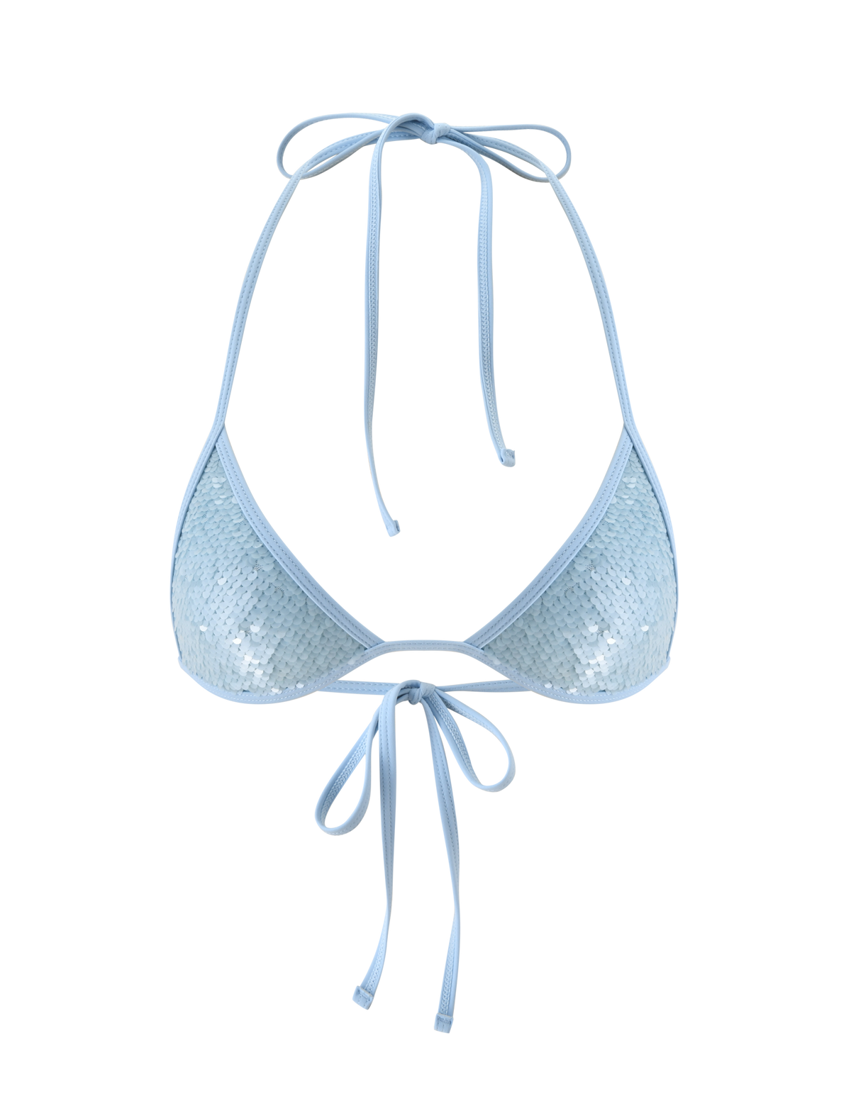 The TIGERMIST SOLAS SEQUIN BIKINI TOP in sky blue features thin, adjustable tie straps at the neck and back—perfect for standout beach club swimwear. Shown against a white background.