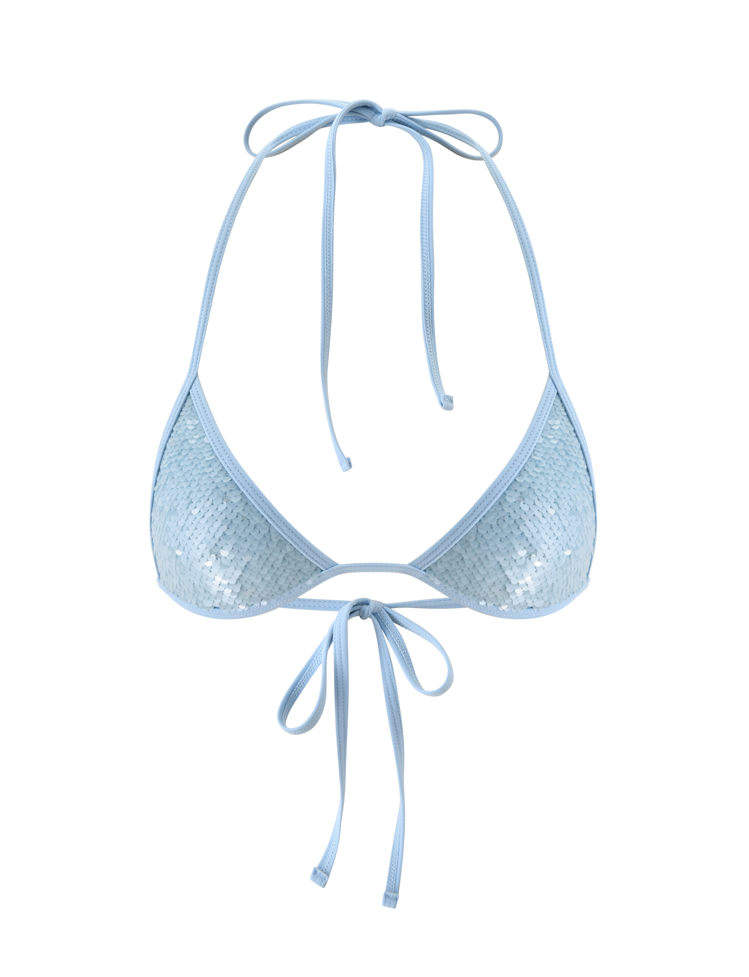 The TIGERMIST SOLAS SEQUIN BIKINI TOP in sky blue features thin, adjustable tie straps at the neck and back—perfect for standout beach club swimwear. Shown against a white background.