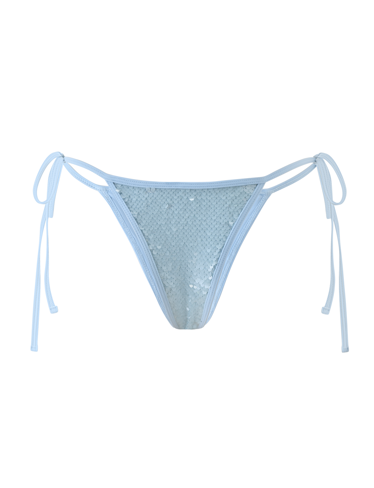 The SOLAS SEQUIN BIKINI BOTTOM - SKY BLUE by TIGERMIST features sequins, adjustable waist ties, and a cheeky fit, shown against a plain white background.