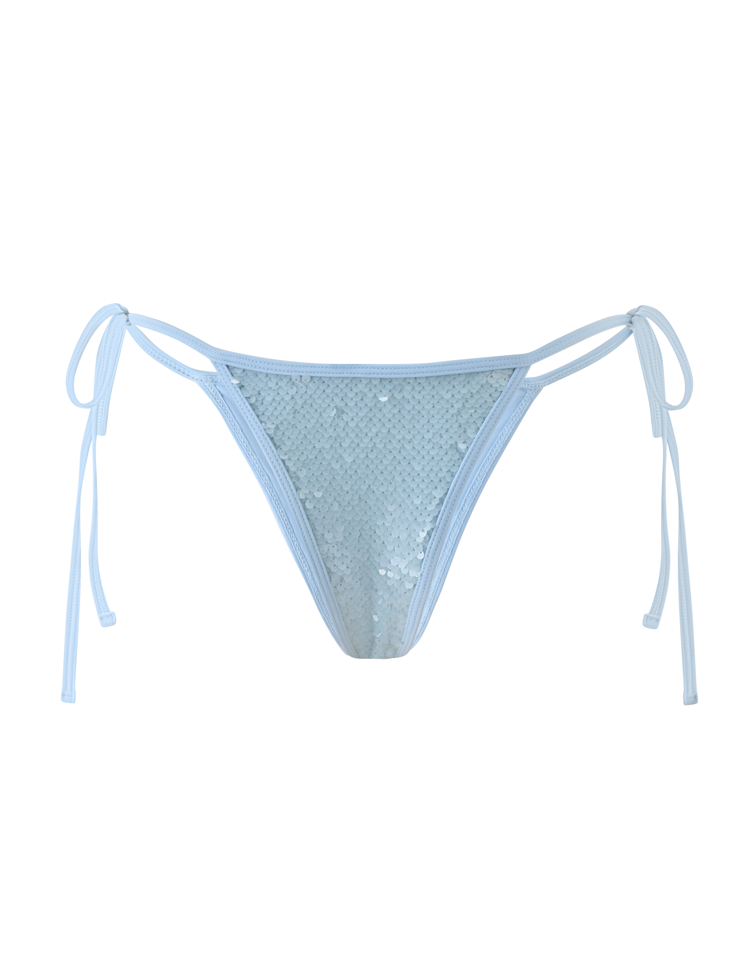 The SOLAS SEQUIN BIKINI BOTTOM - SKY BLUE by TIGERMIST features sequins, adjustable waist ties, and a cheeky fit, shown against a plain white background.