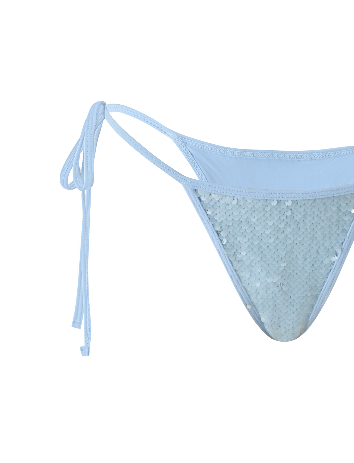 Close-up of the TIGERMIST SOLAS SEQUIN BIKINI BOTTOM in sky blue, featuring a cheeky fit and thin adjustable waist ties, showcased against a plain white background.