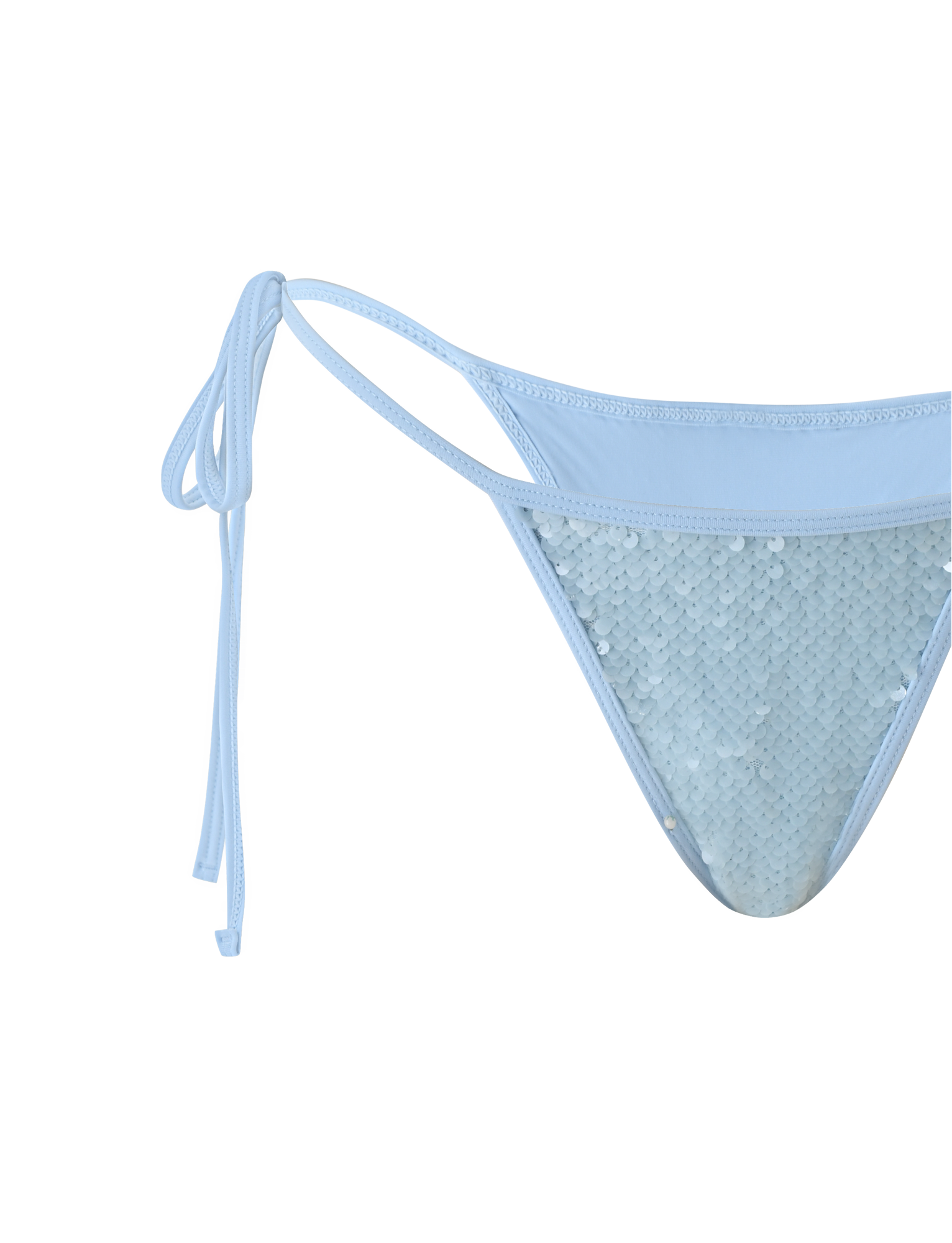 Close-up of the TIGERMIST SOLAS SEQUIN BIKINI BOTTOM in sky blue, featuring a cheeky fit and thin adjustable waist ties, showcased against a plain white background.